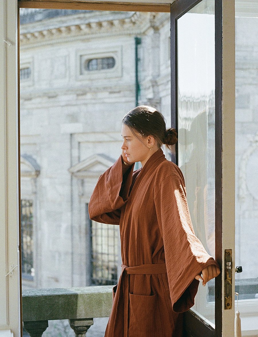 TAMEKO - Nami Cotton Kimono Robe - amber - 4
