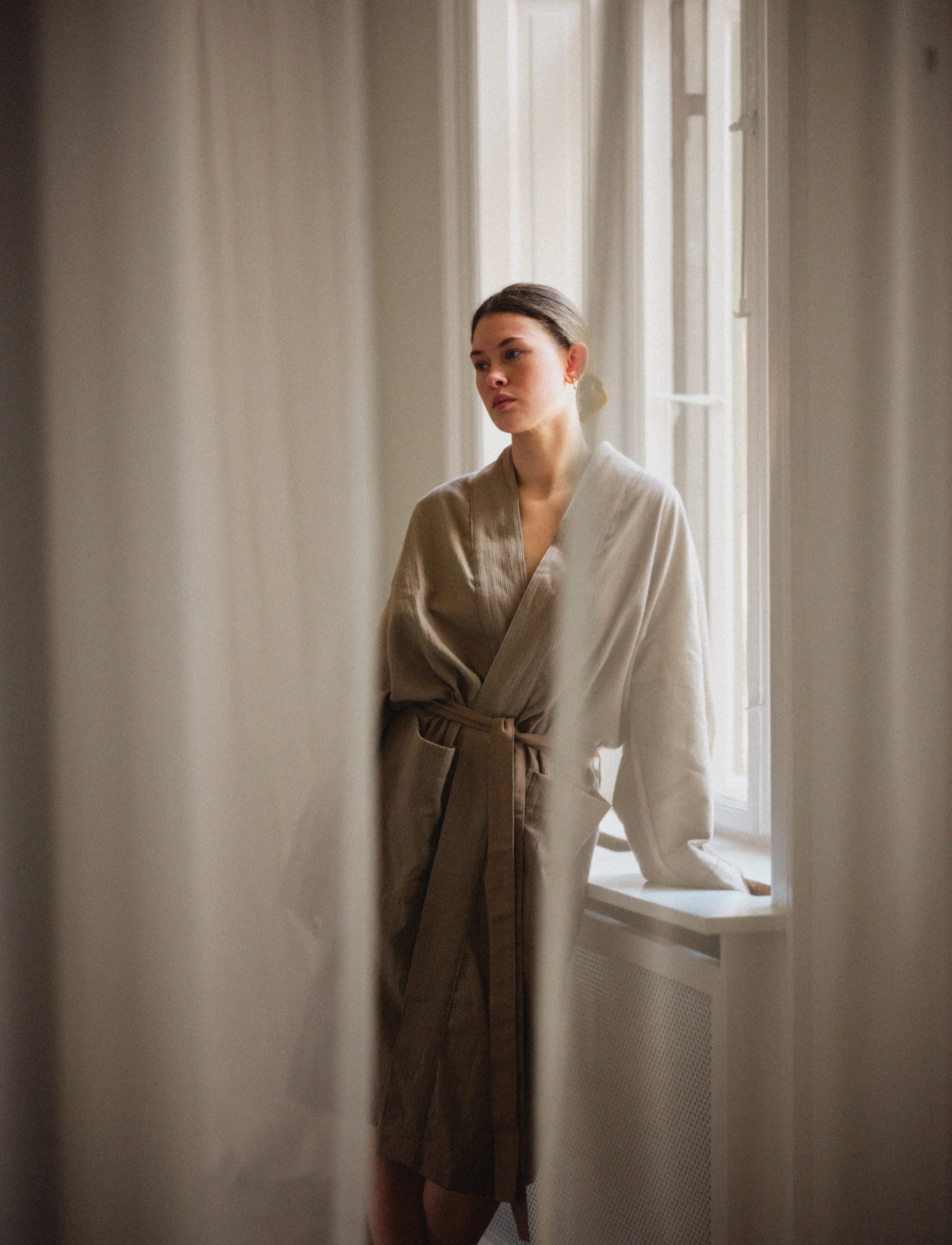 TAMEKO - Nami Cotton Kimono Robe - stone - 0