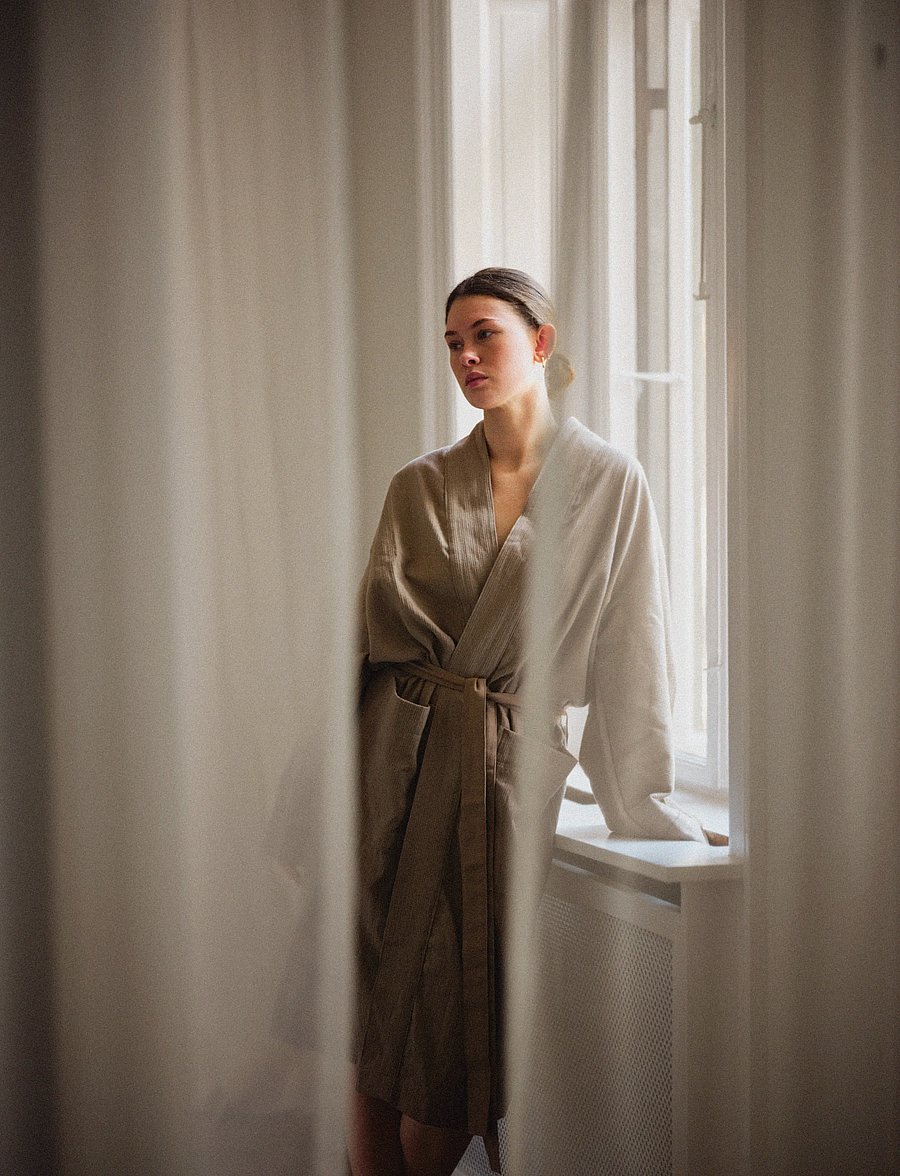 TAMEKO - Nami Cotton Kimono Robe - stone - 0
