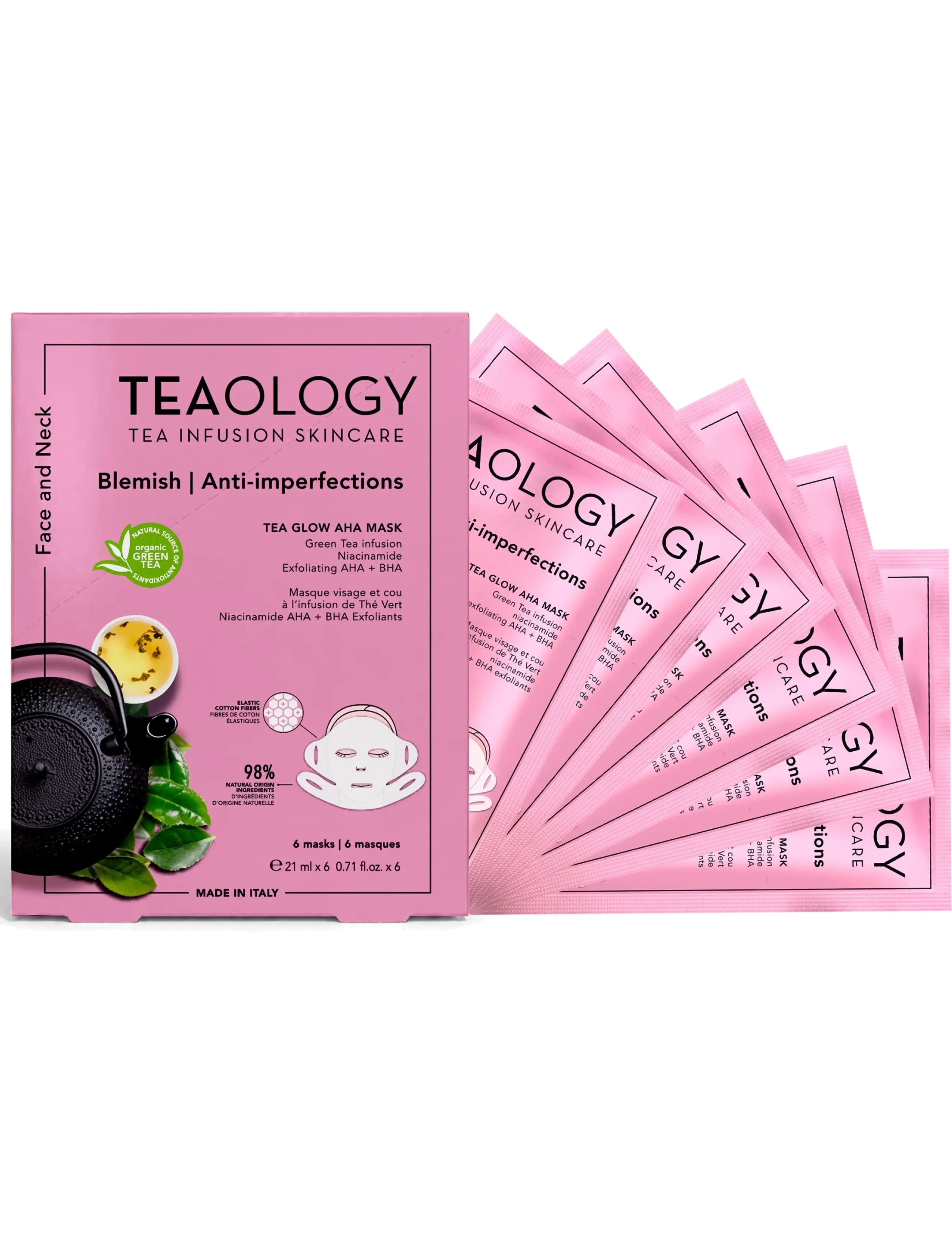 Teaology Skincare - Multipack 6x Tea Glow AHA Mask - sheet masks - green tea - 2