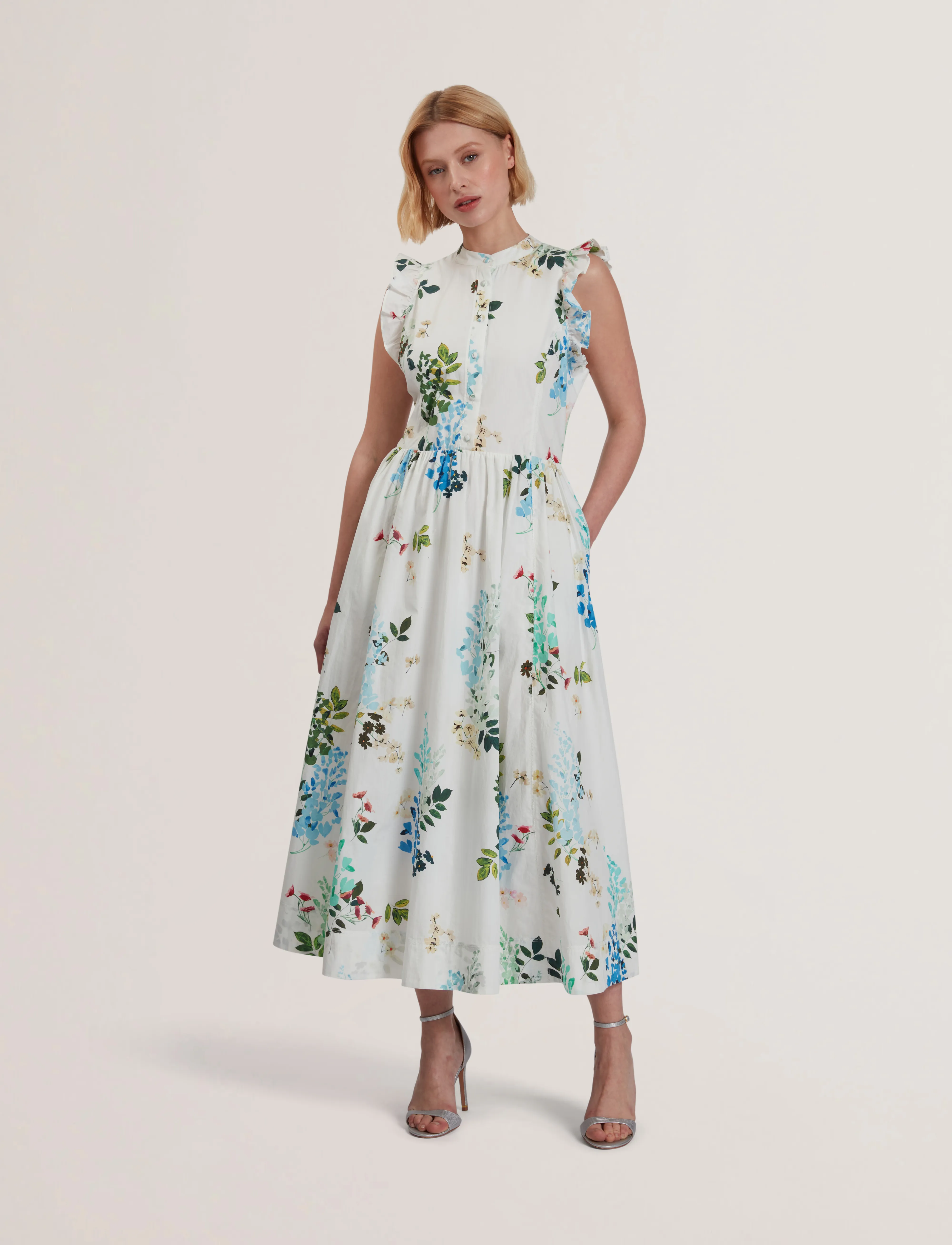 Ted Baker London Giolia, Kvinder, Blomstret Midikjole med Flæseærmer, Multi/mønstret, Str: 34