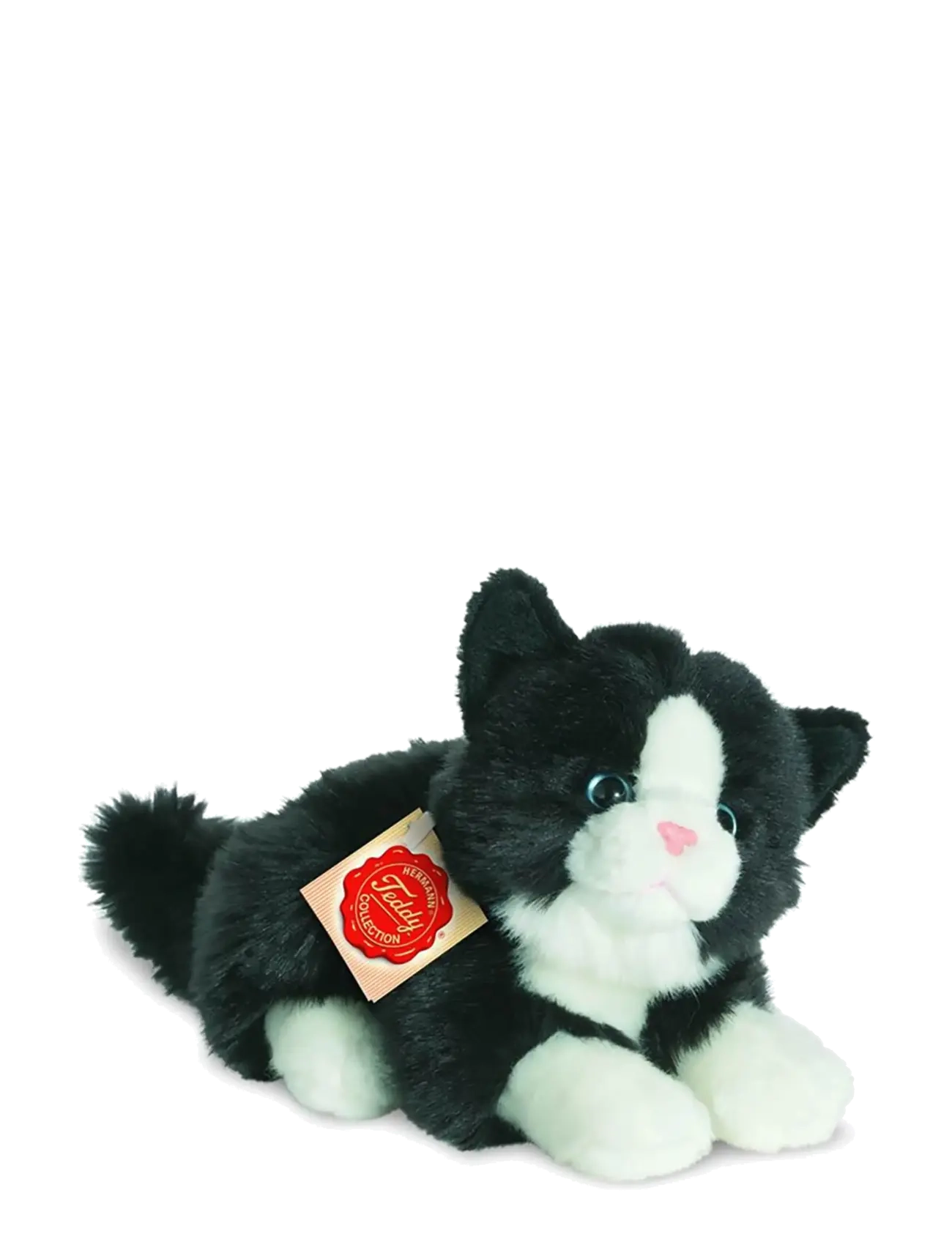 Teddy Hermann Lying Cat Black-White 20 cm, One Size, Black, Soft Legetøj > Stuffed Animals, Børn