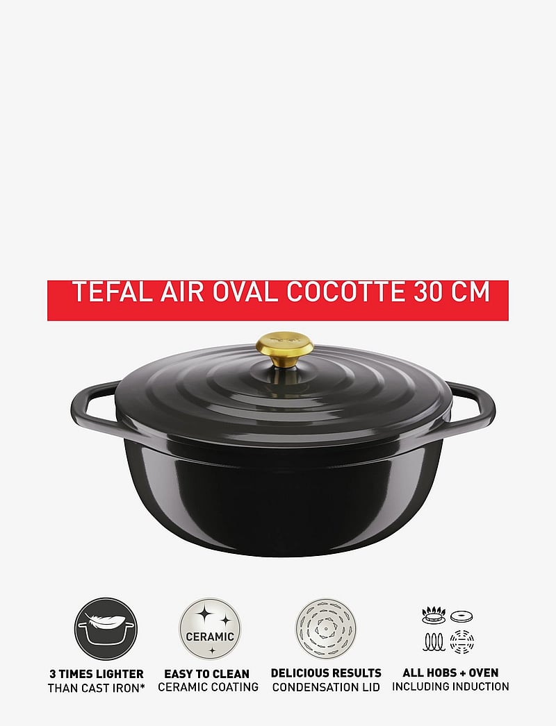Tefal Air, Gietijzeren stoofpan ovaal 30 cm, lichte gegoten aluminium braadpan, eenvoudige reiniging, veilige keramische coating, condensatiedeksel, ovencompatibel, inductie E2708904 Tefal Air, Gietijzeren stoofpan ovaal 30 cm, lichte gegoten aluminium braadpan, eenvoudige reiniging, veilige keramische coating, condensatiedeksel, ovencompatibel, inductie E2708904