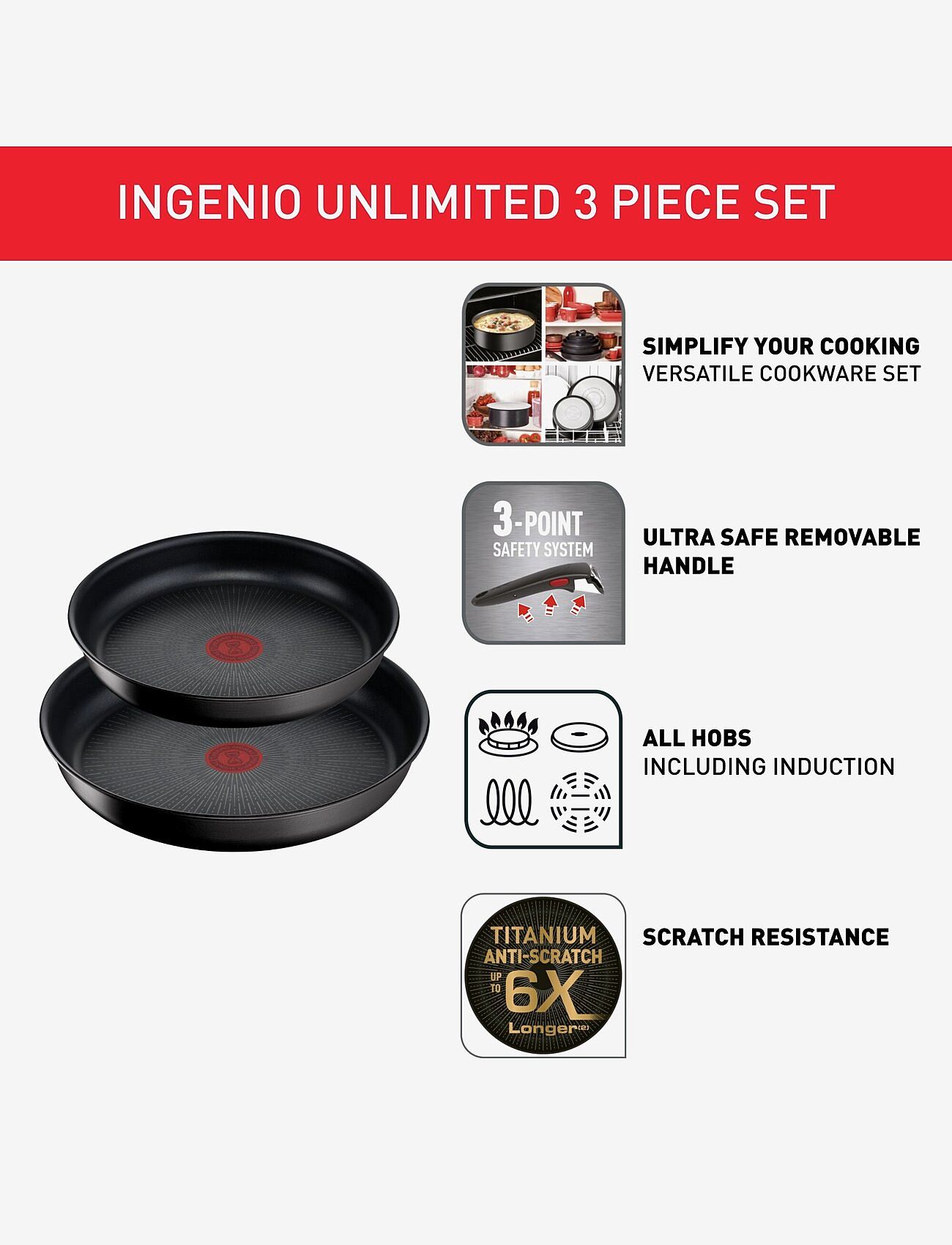Tefal - Ingenio Unlimited Frypan 3 pcs set Black (24 and 28 cm) - patelnie - black - 3