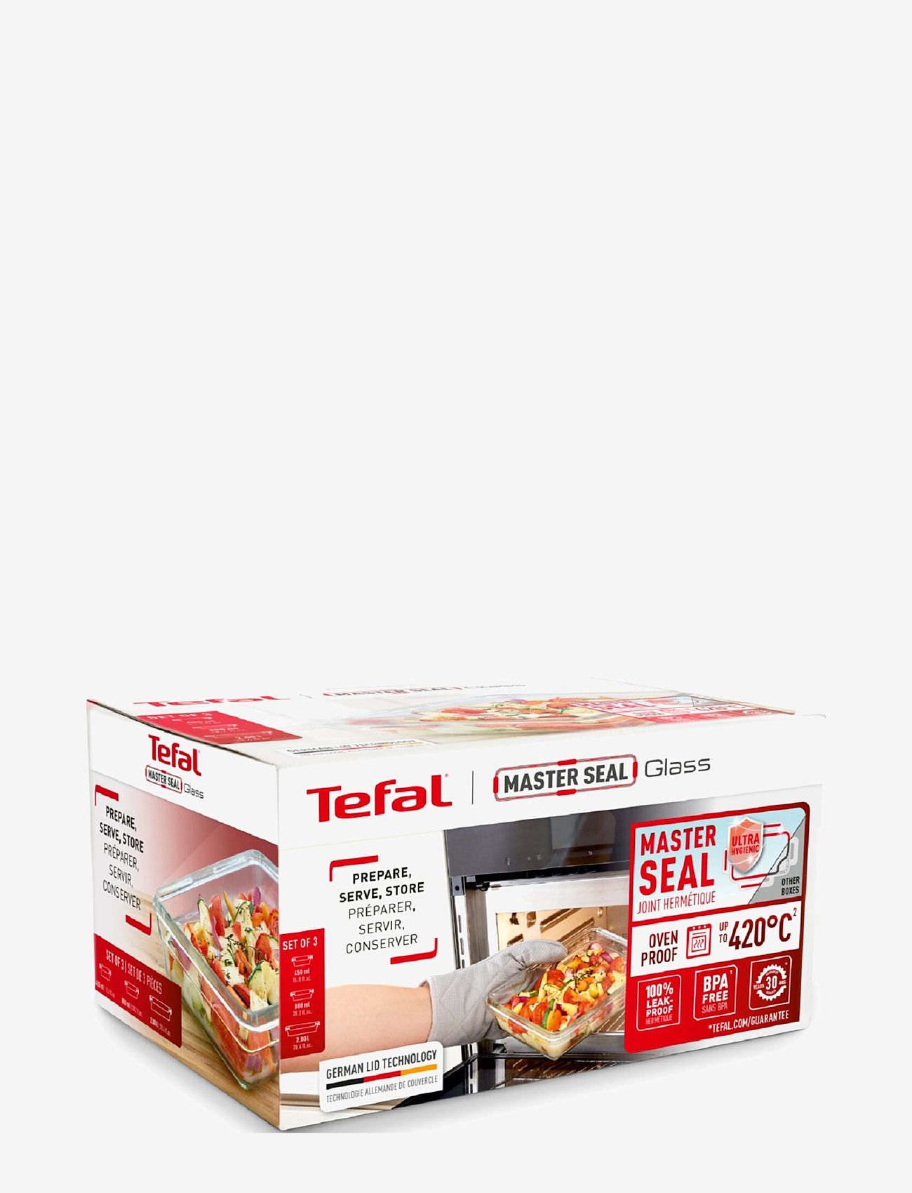 Tefal - MasterSeal Glass 3pcs Set 0,45L rect. + 0,8L squ. + 2L rect. - red - 2