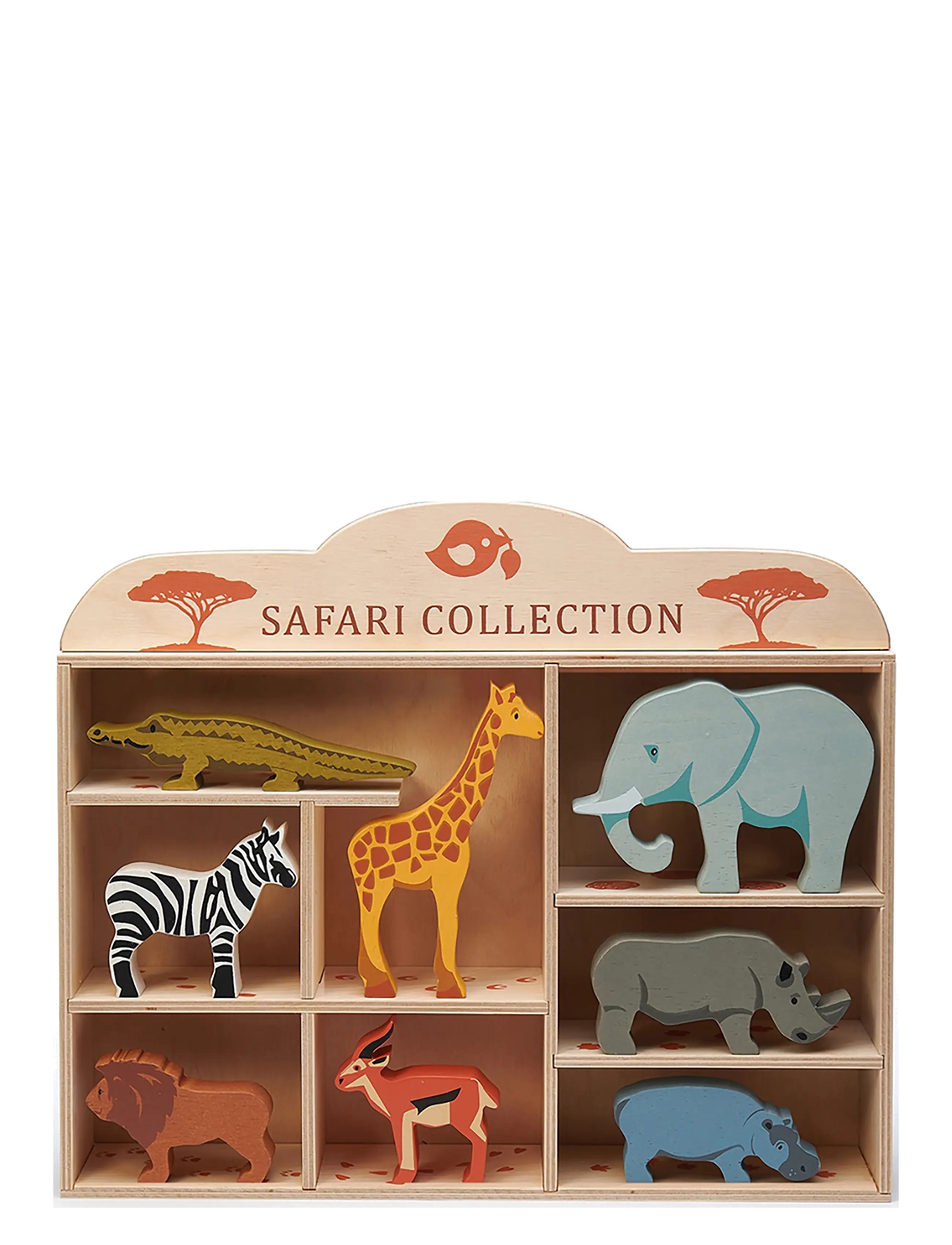 Tender Leaf Display Shelf with 8 Wooden Animals - Safari - Træfigurer - MULTI / multi
