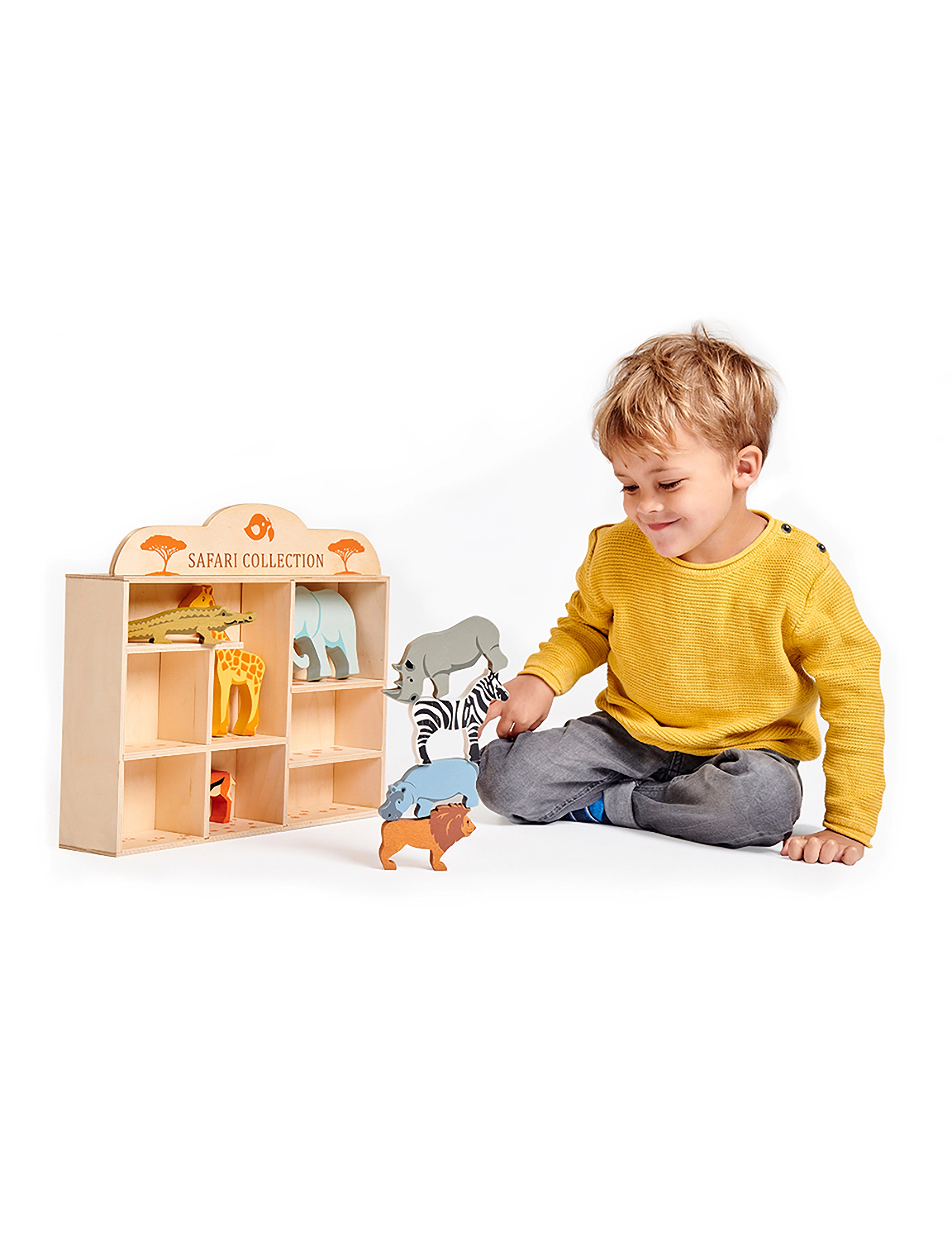 Tender Leaf Display Shelf With 8 Wooden Animals Safari, Træfigur, Multi/mønstret, Str: ONE SIZE