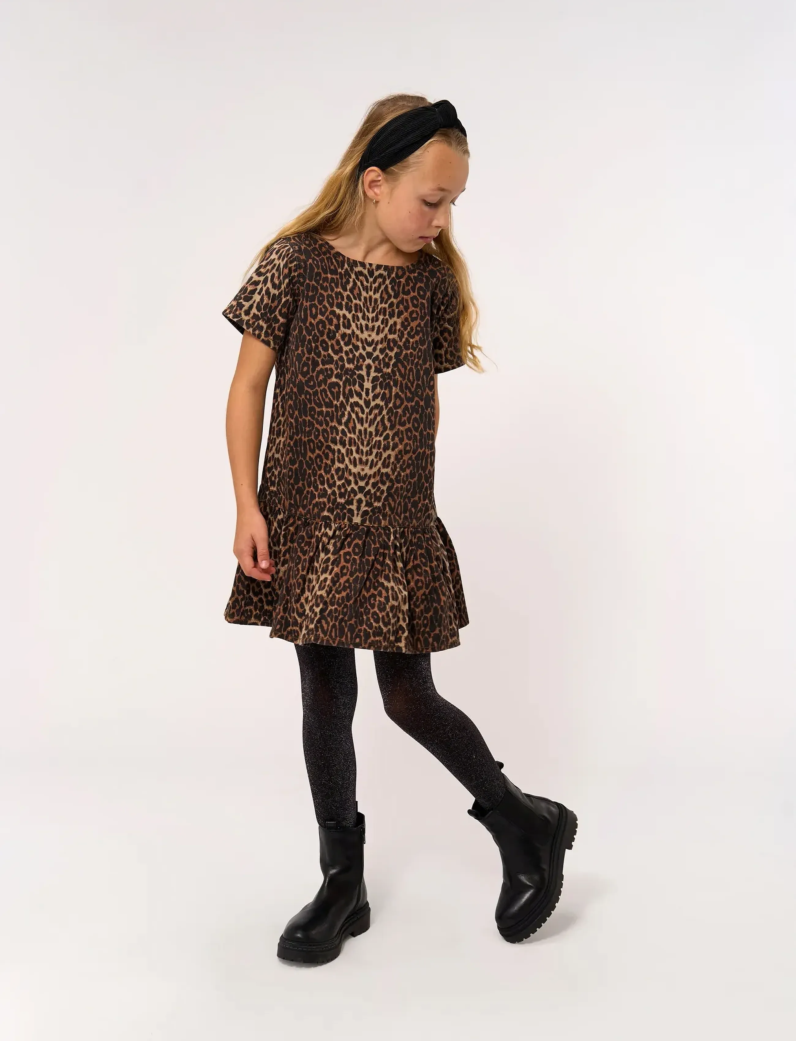 The New Tnpanya S_S Denim Dress, Børn, Leopard Print Flæse Kjole, Brun, Str: 98/104