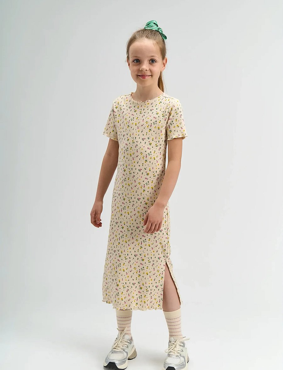 The New - TNSummer S_S Long Rib Dress - kurzärmelige freizeitkleider - gardenia aop - 0