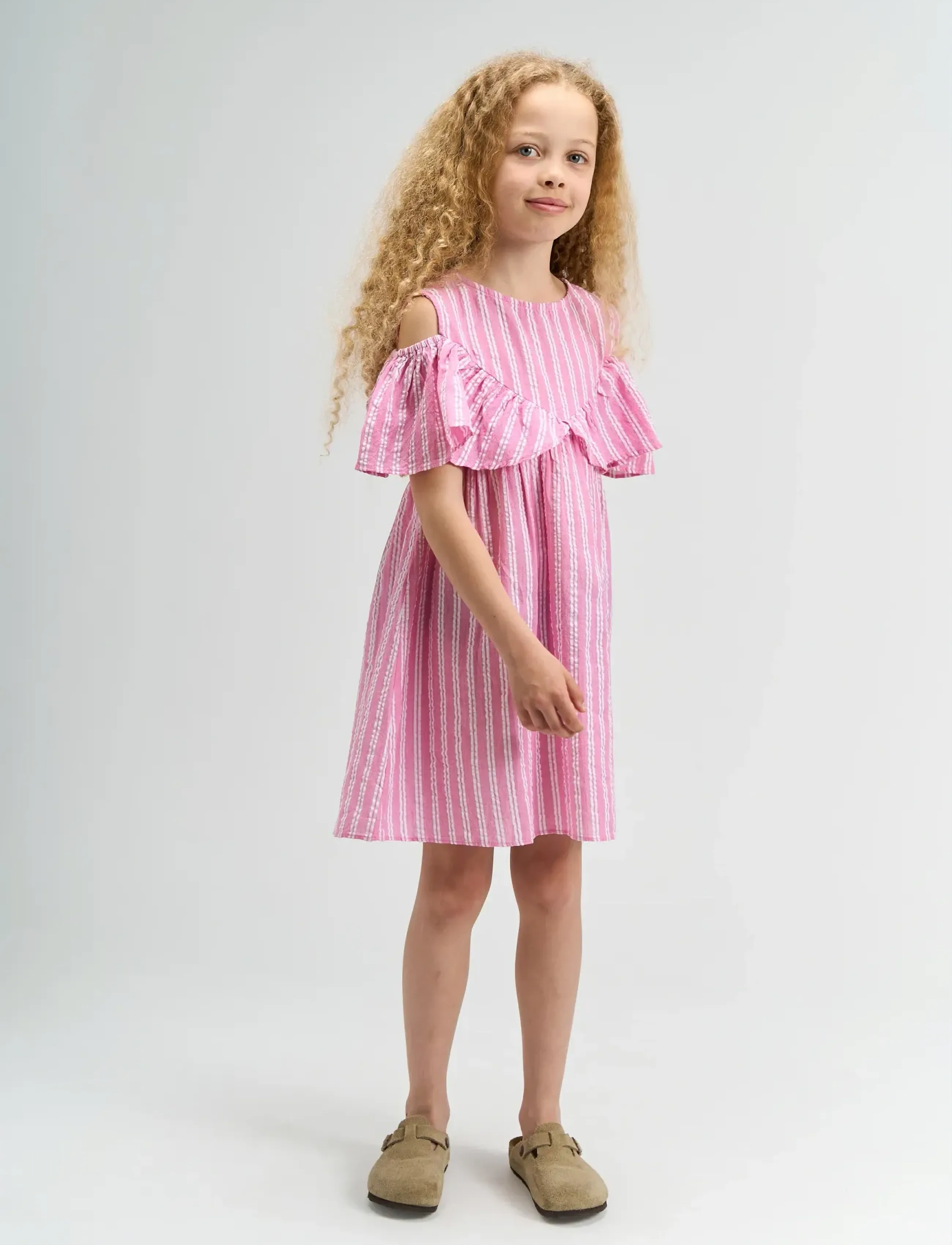 The New Tnshirley S_L Dress, Børn, Off Shoulder Stribet Kjole, Pink, Str: 158/164