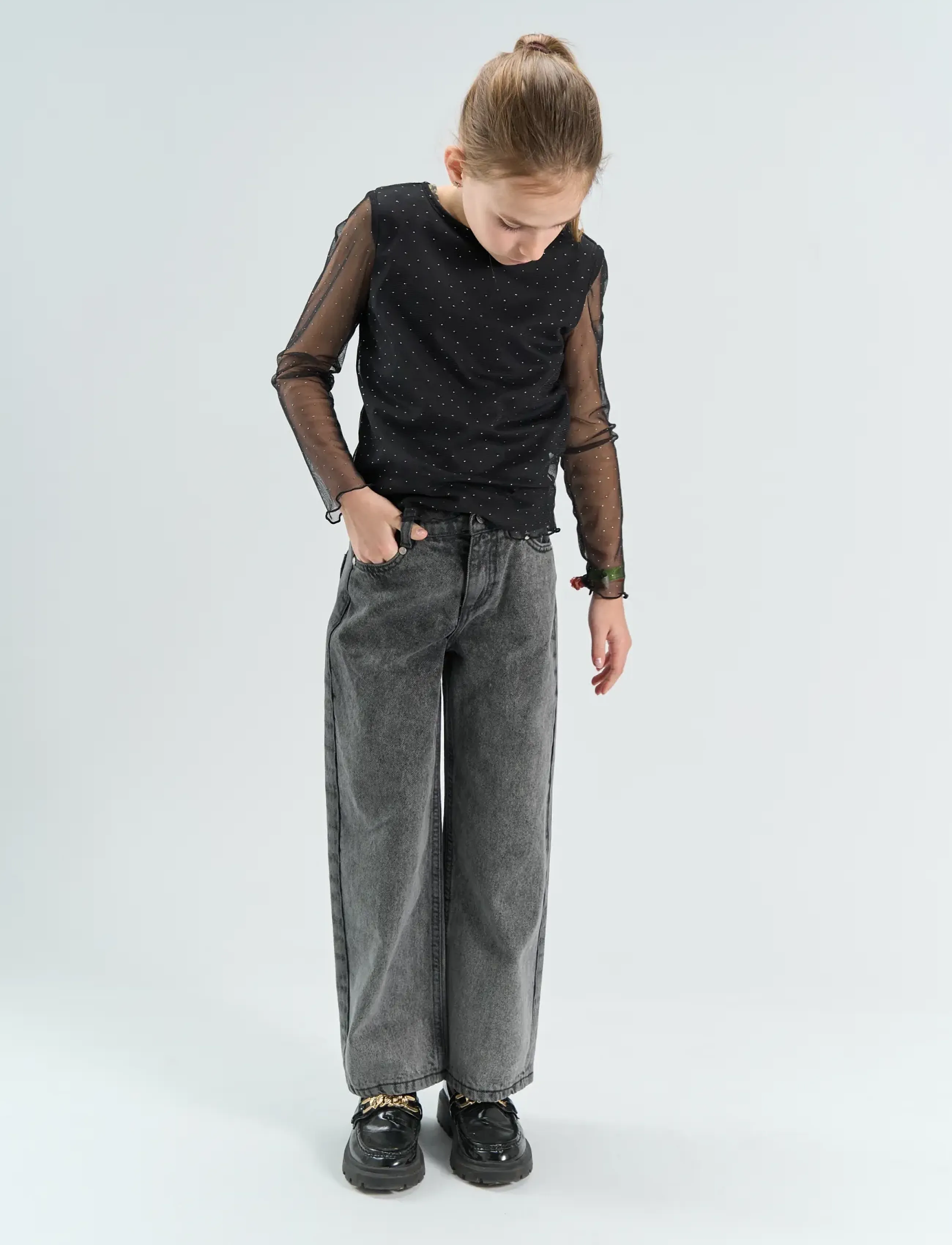 The New Tnyancy L_S Mesh Top, Kinder, Langarm Glitter Mesh Top, Schwarz, Gr.122/128