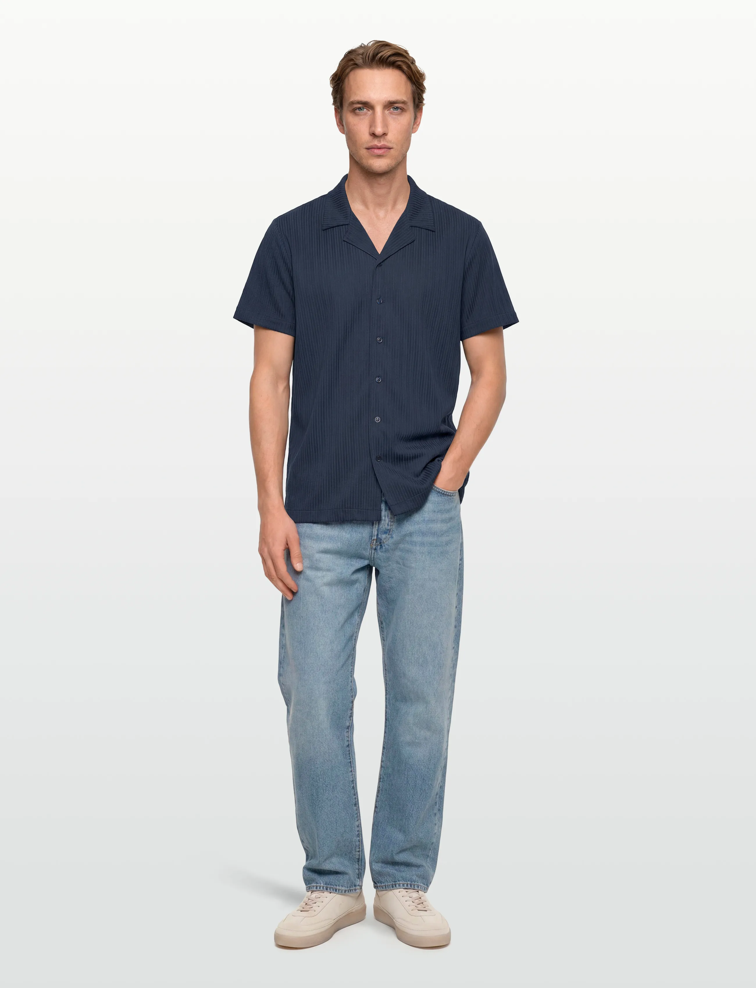 The Resort Co. Jacquard Shirt Navy, M, Shirts, Marineblau - Short-sleeved Männerswear