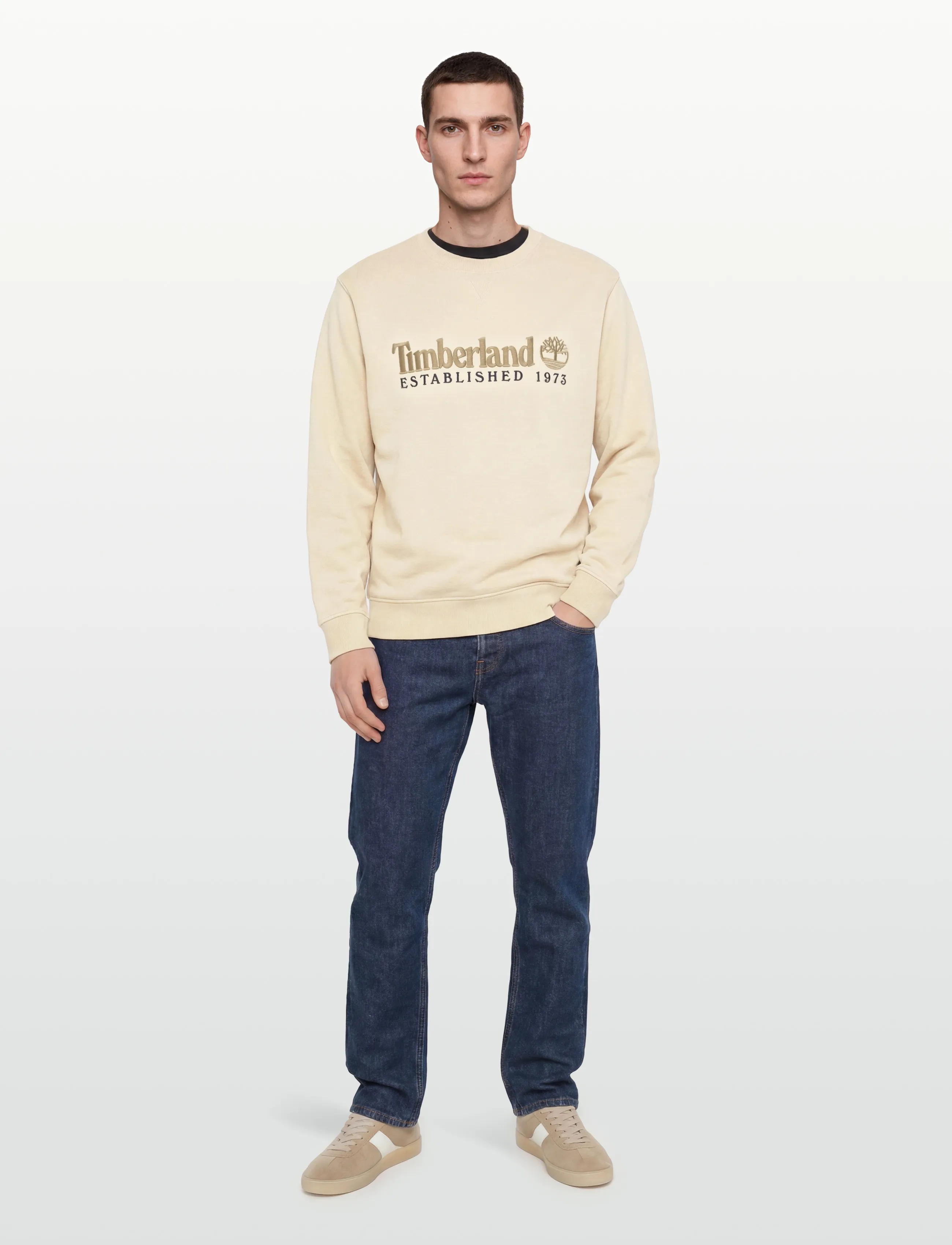Timberland Established 1973 Embroidered Logo Crew Neck Sweatshirt Putty, XL, Cream, Sweatshirts & Hættetrøjer > Sweatshirts, Herre