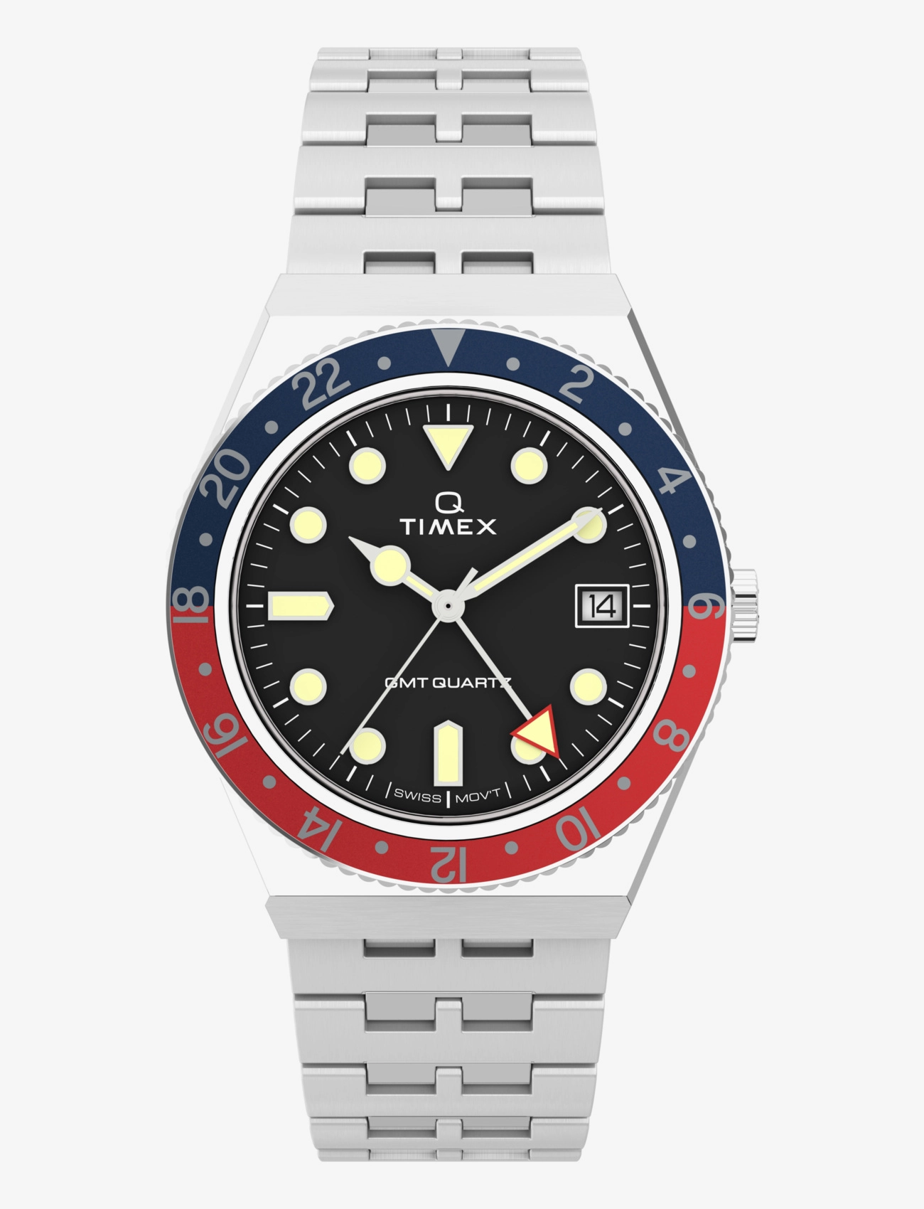 Timex Mens Q GMT 38mm SST Case Black Dial Red Accent Bracelet - Klockor - SILVER-TONE/BLACK / silver