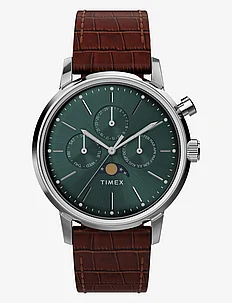 Marlin Quartz Moon Phase 40mm SST Case Green Dial Brown Leather Strap, Timex