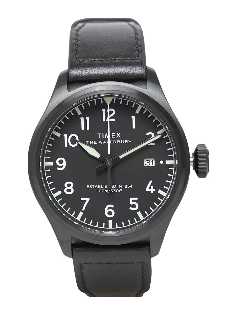 Timex - WATERBURY ACE SST CASE BLACK DIAL AND BLACK LEATHER STRAP - analoga klockor - black-tone/black - 1