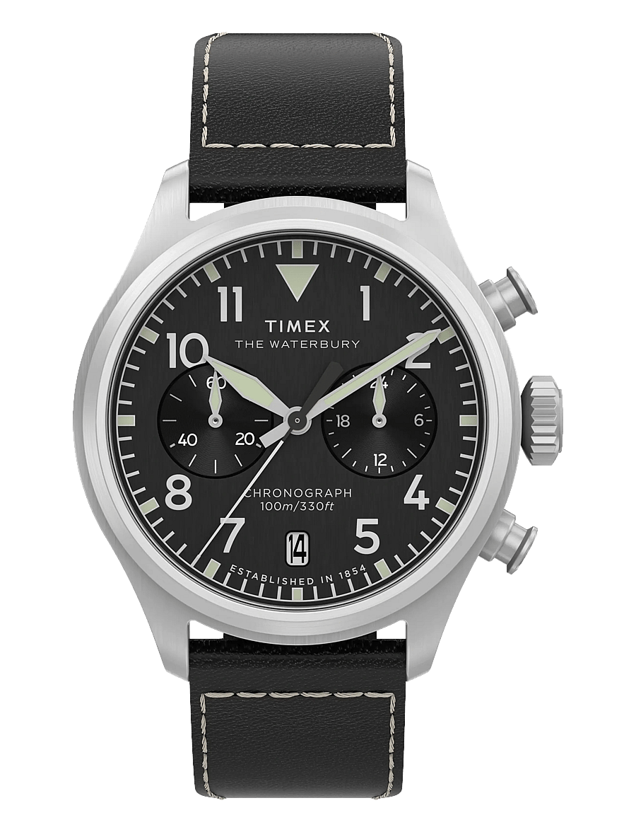 Timex - WATERBURY ACE CHRONOGRAPH SST CASE SILVER DIAL BROWN STRAP - skífuúr - silver-tone/black - 0
