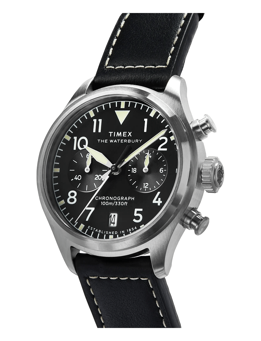 Timex - WATERBURY ACE CHRONOGRAPH SST CASE SILVER DIAL BROWN STRAP - skífuúr - silver-tone/black - 1