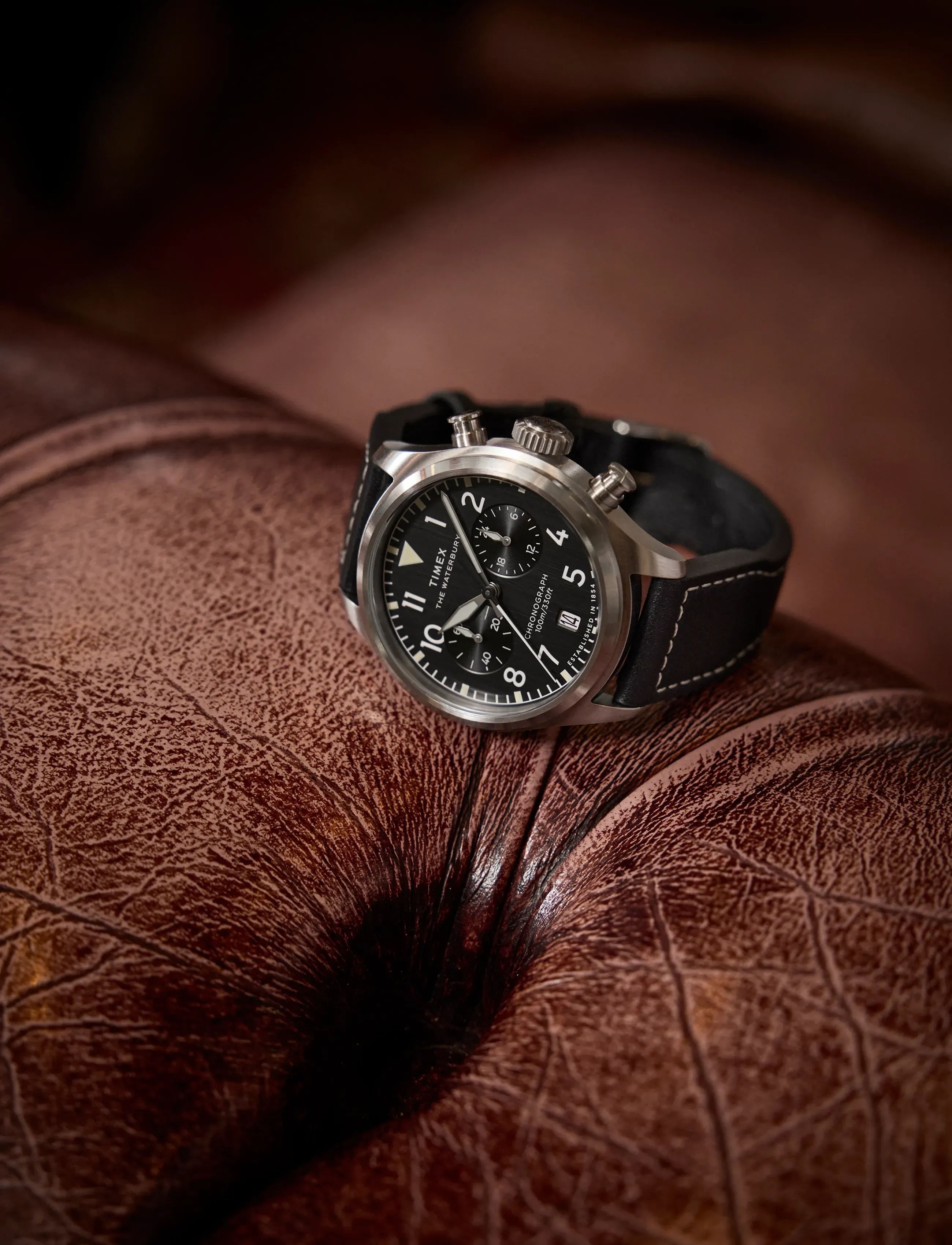 Timex - WATERBURY ACE CHRONOGRAPH SST CASE SILVER DIAL BROWN STRAP - skífuúr - silver-tone/black - 2