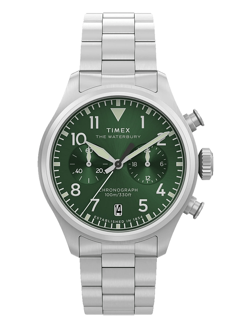 Timex - WATERBURY ACE CHRONOGRAPH SST CASE GREEN DIAL BRACELET - analoga klockor - silver-tone/green - 0