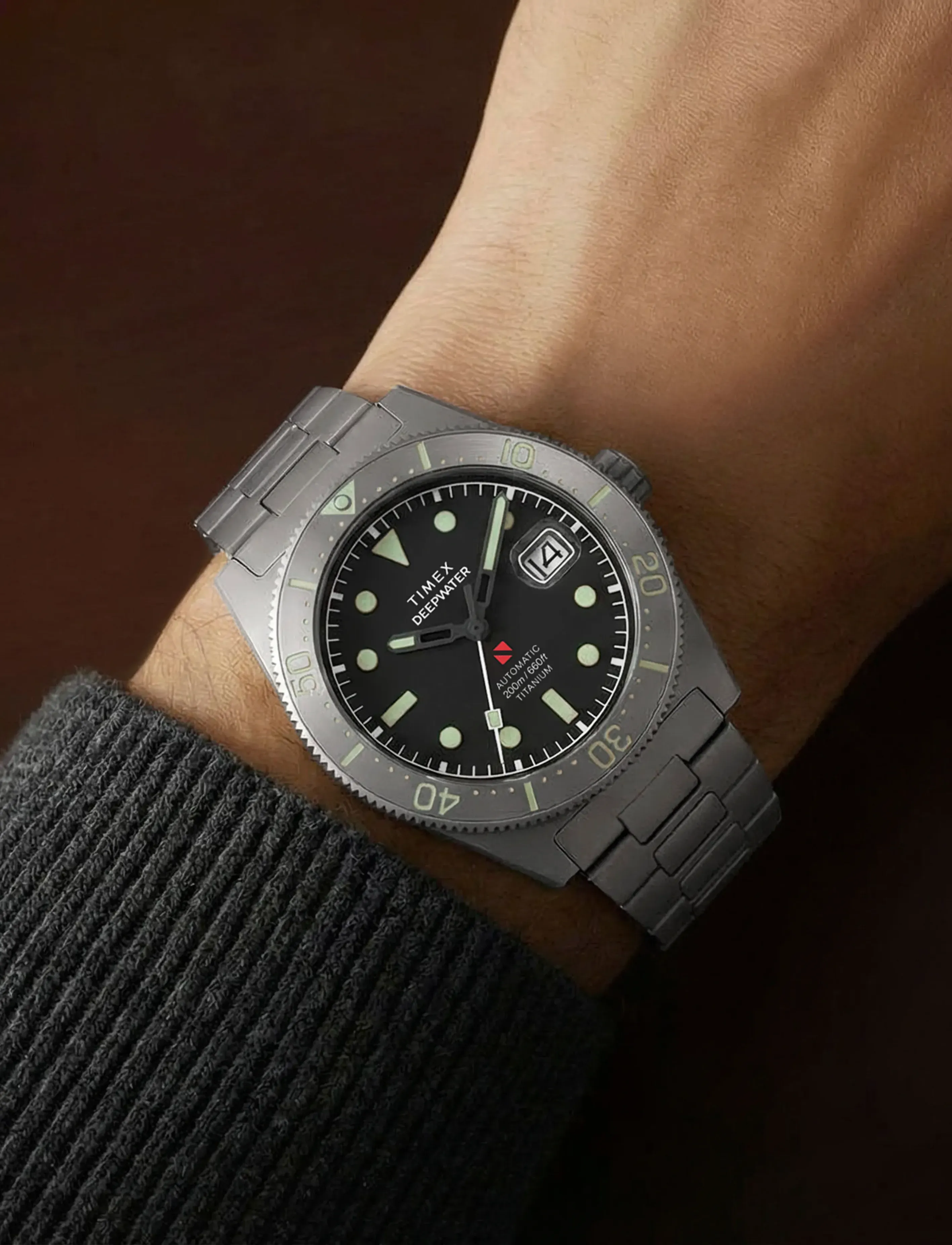 Timex Deep Water Reef Titanium Auto Blk Dial Titanium Bracelet - Business - TITANIUM-TONE/BLACK / black
