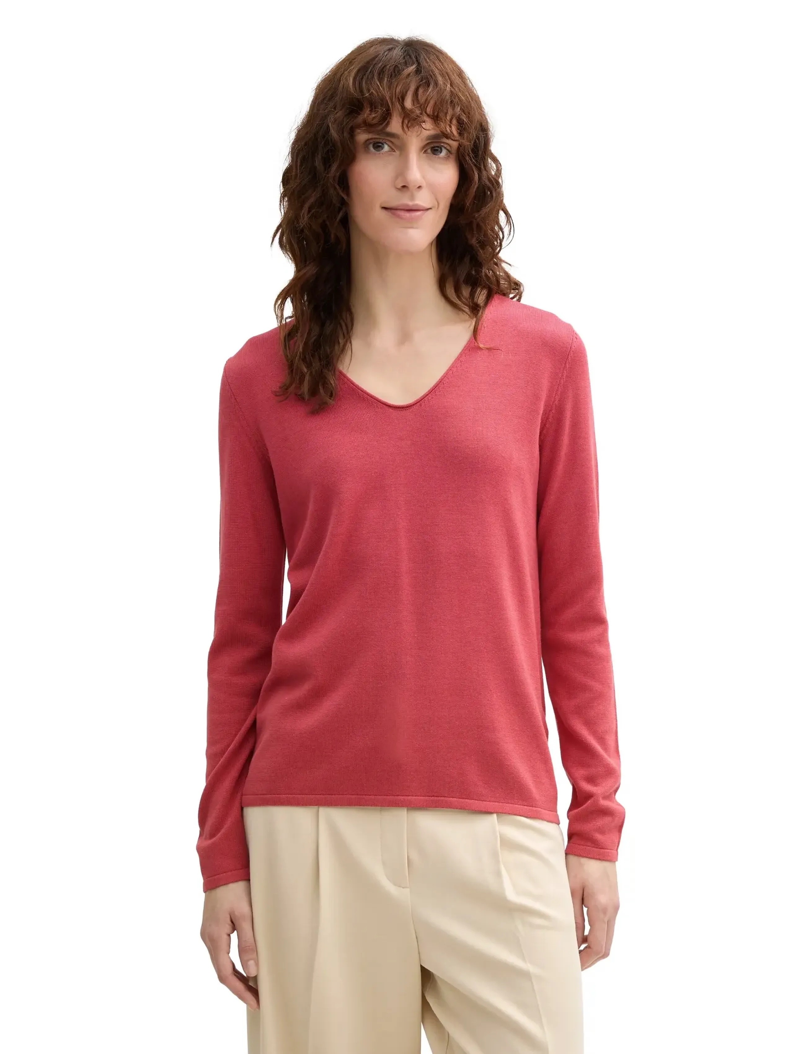 Tom Tailor - sweater basic v-neck - berry red - 5