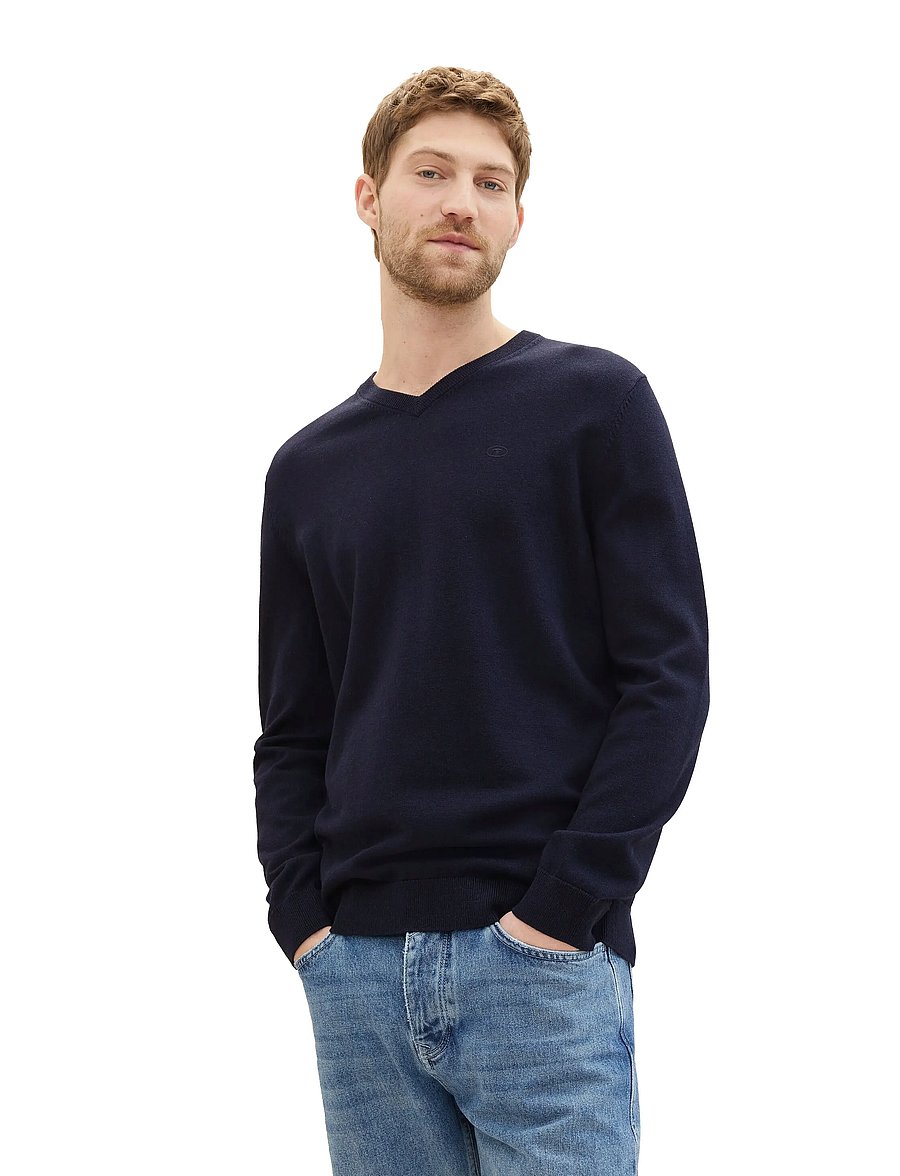 Tom Tailor - basic v-neck knit - v-ausschnitt - knitted navy melange - 0