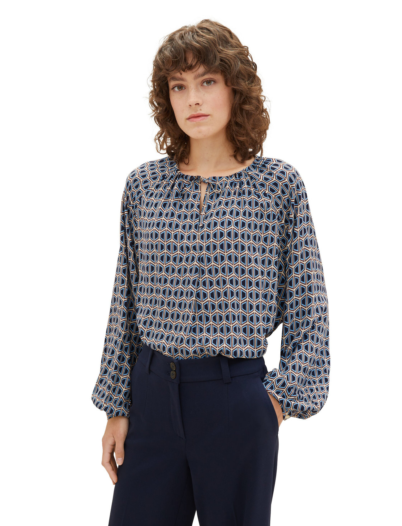 Tom Tailor - feminine print blouse - langærmede bluser - blue brown geometrics print - 1