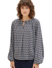 Tom Tailor - feminine print blouse - langermede bluser - blue brown geometrics print - 2