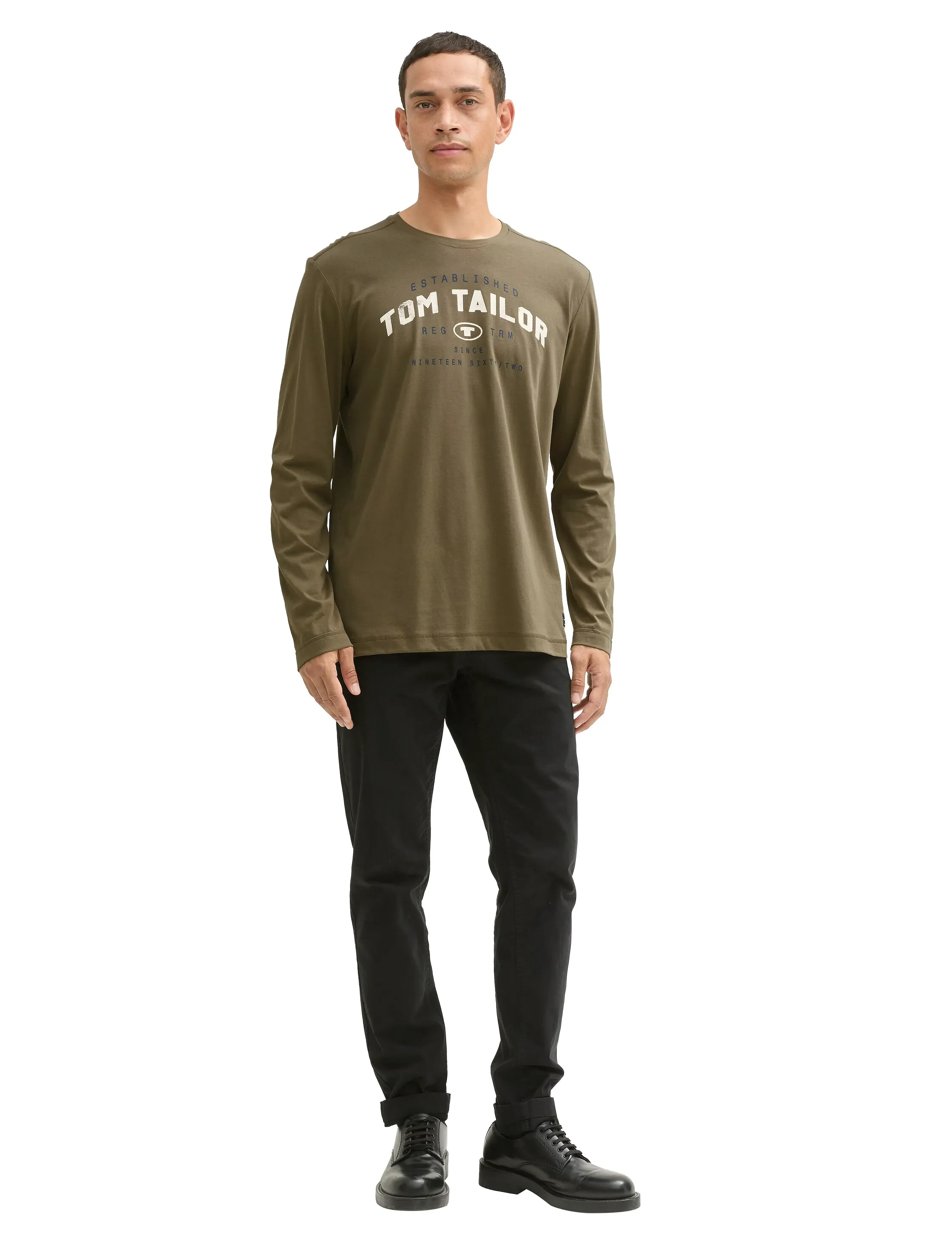 Tom Tailor Printed Longsleeve, Mænd, Printet Langærmet T-shirt, Kakigrøn, Str: XL