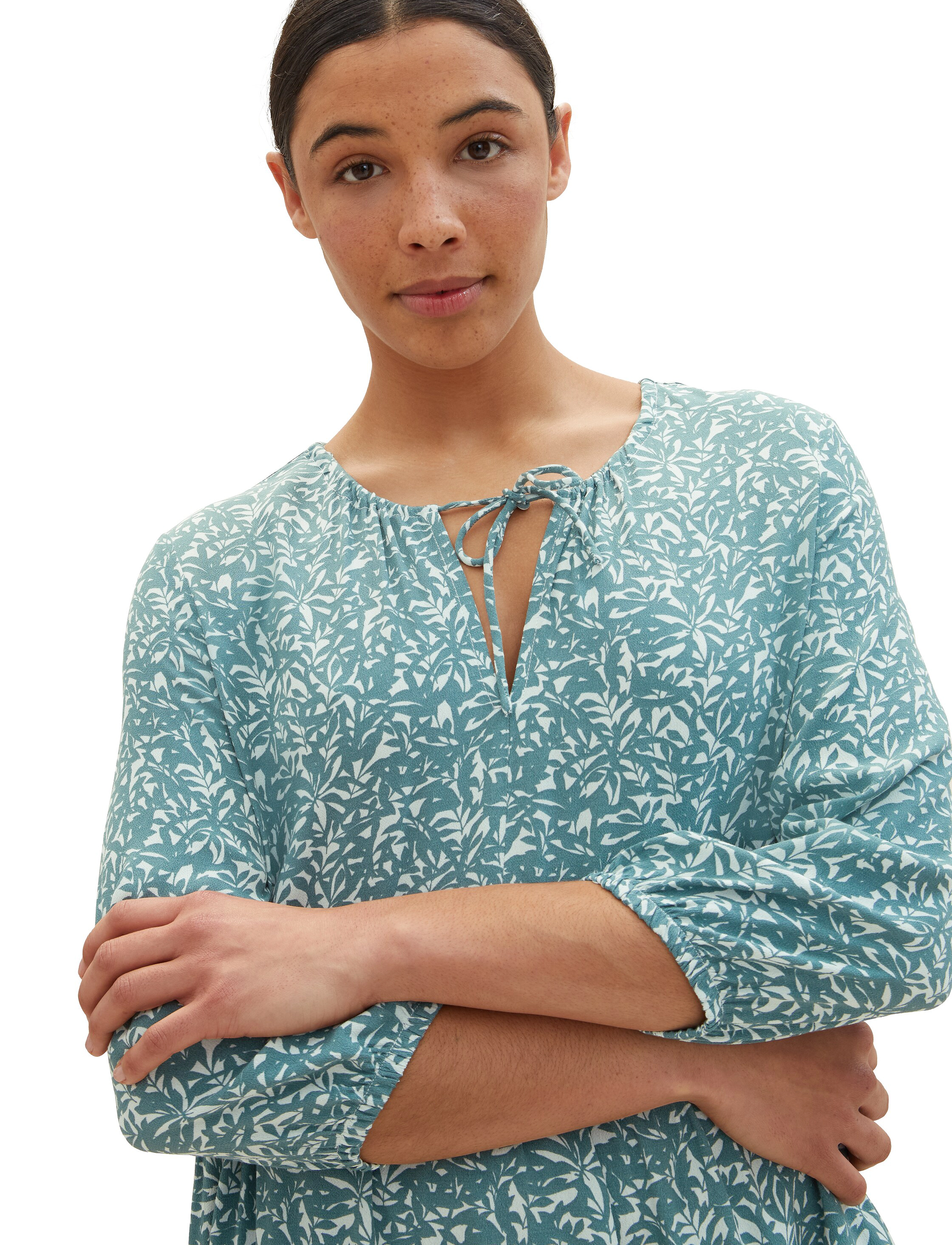 Tom Tailor - feminine printed dress - green abstract leaf print - 4