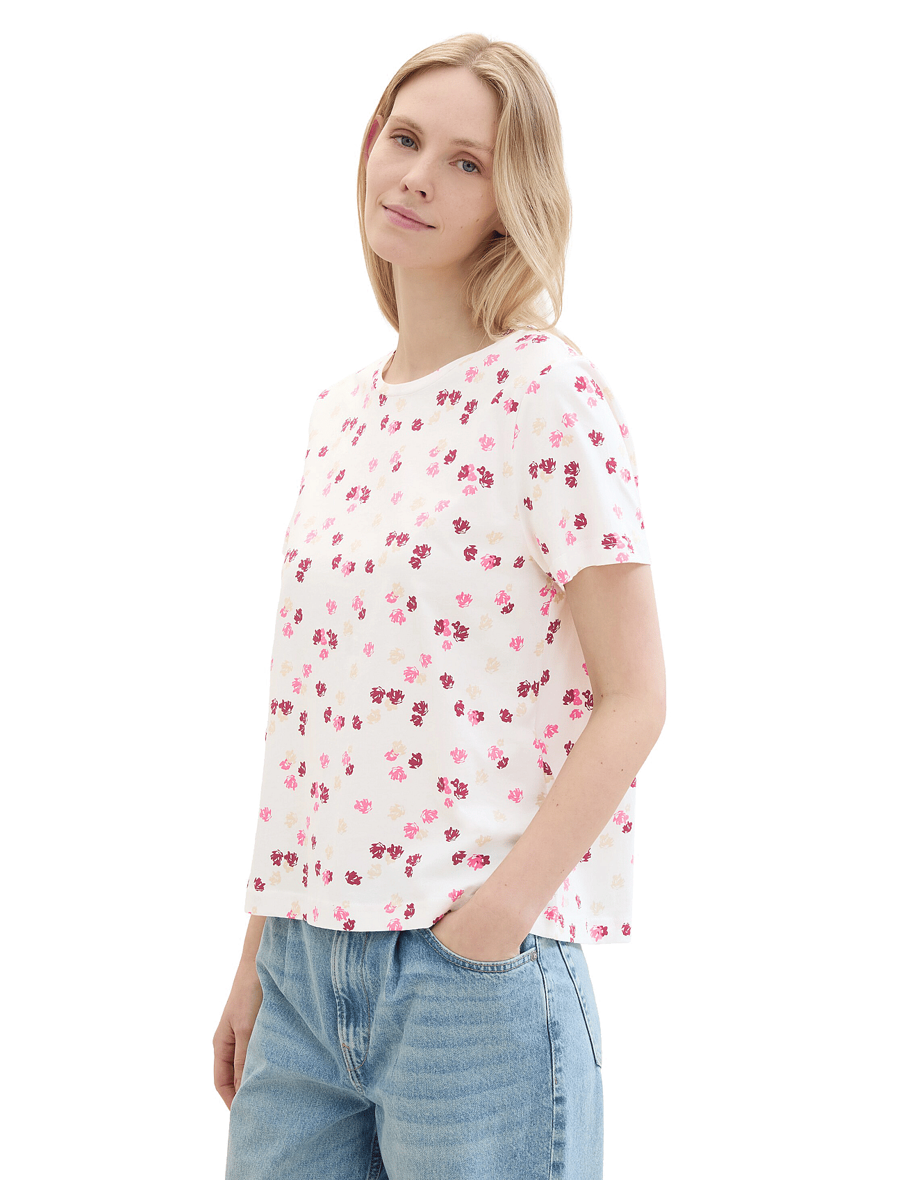T-shirt crew neck print - OFFWHITE PINK FLOWER DESIGN