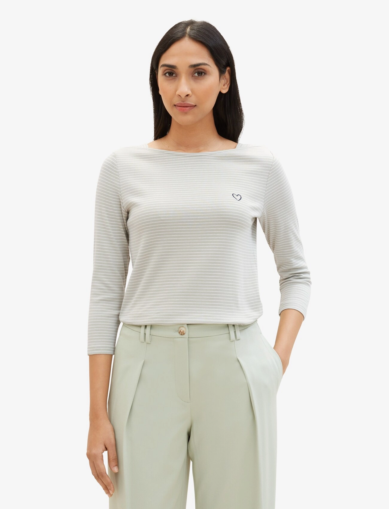 Tom Tailor - T-shirt boat neck stripe - green offwhite thin stripe - 2