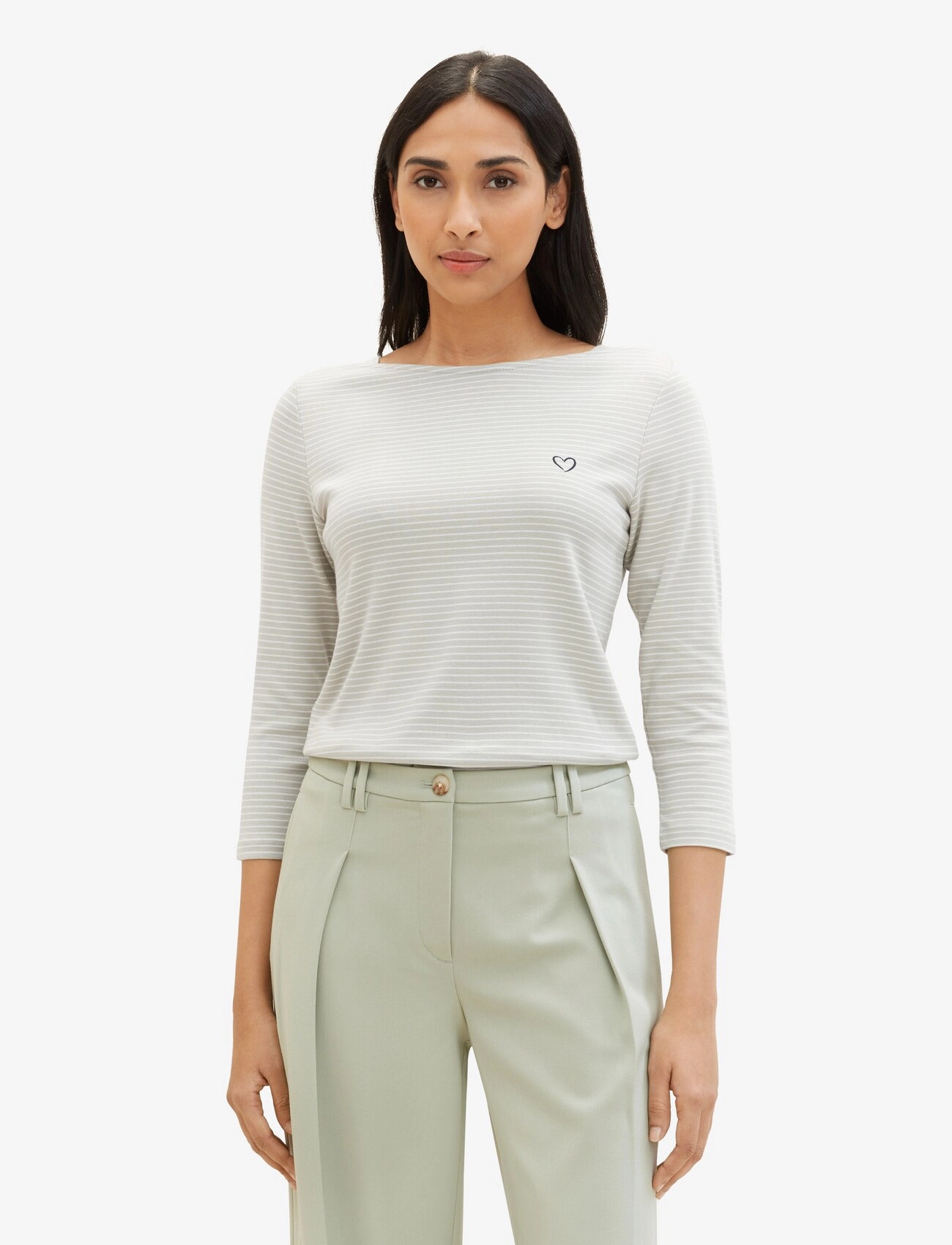 Tom Tailor - T-shirt boat neck stripe - green offwhite thin stripe - 5