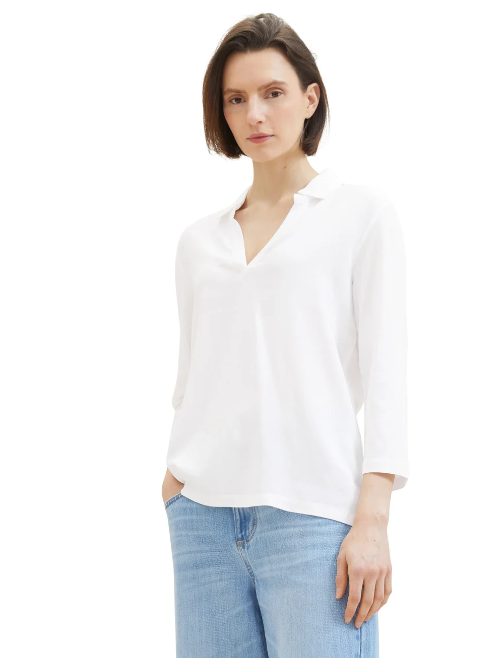 Tom Tailor - T-shirt fabric mix w collar - stickade tröjor - whisper white - 0