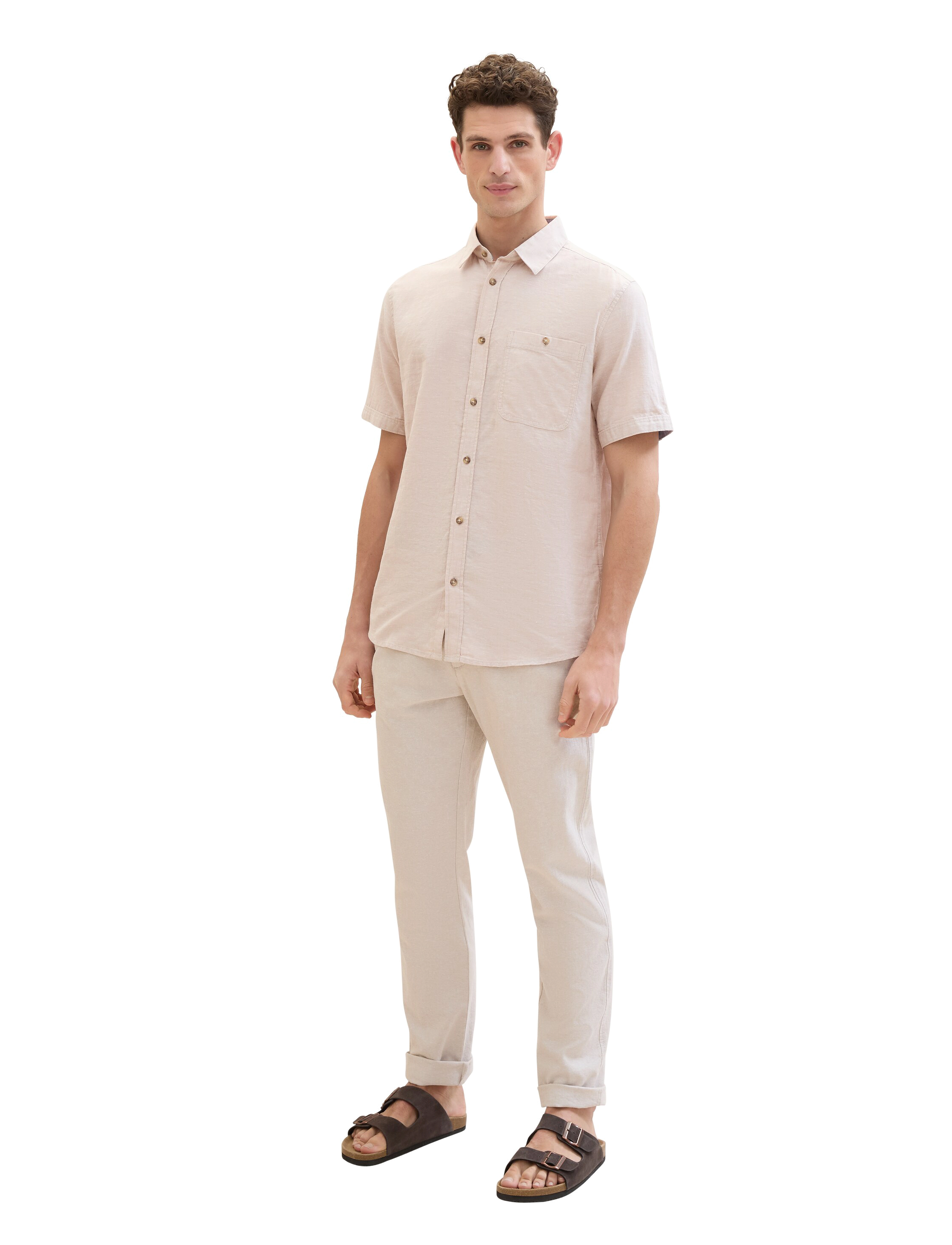 Tom Tailor - cotton linen shirt - caramel beige chambray - 5