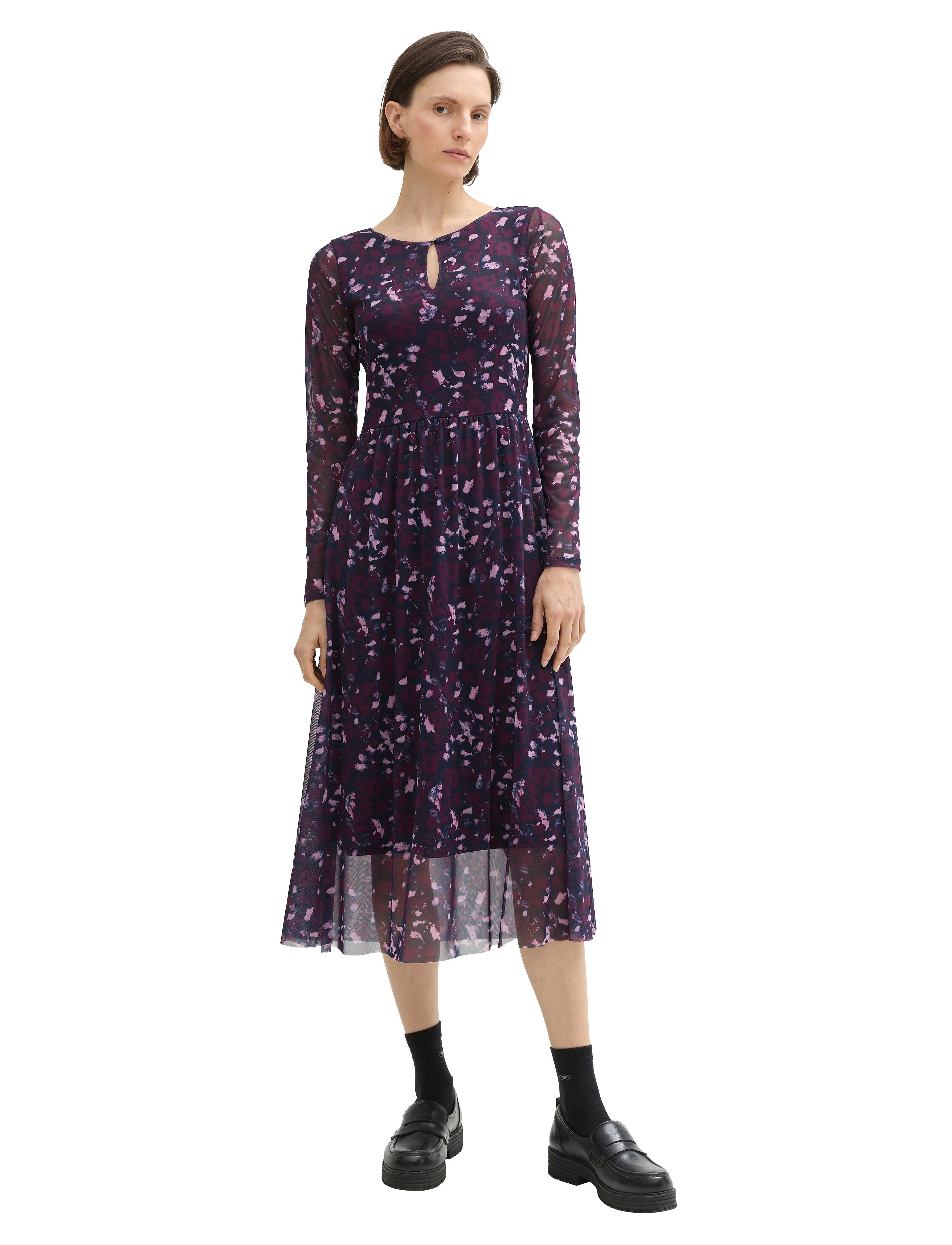 Tom Tailor - printed mesh dress - midi kjoler - berry autumn floral design - 3