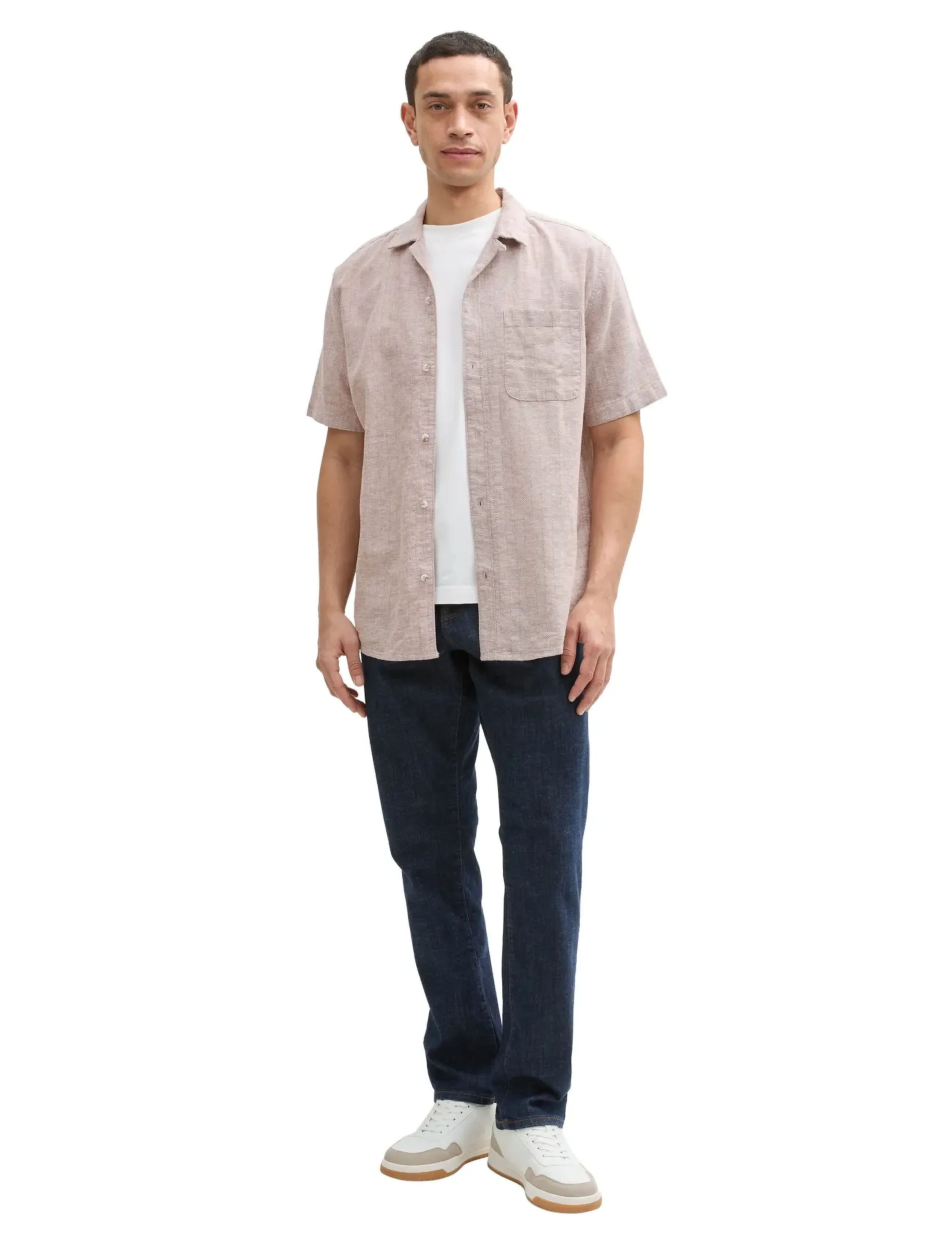 Tom Tailor structured cotton linen shirt - Kurzarmhemden - MOCHA BROWN CHAMBRAY / beige