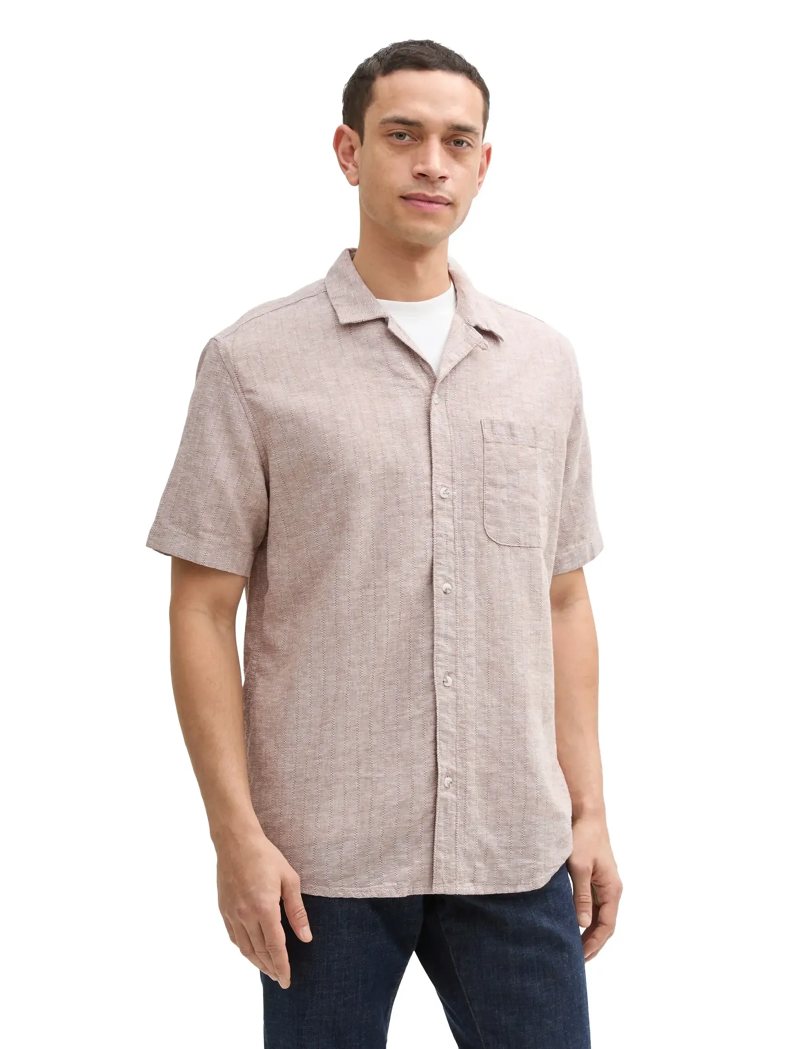 Tom Tailor - structured cotton linen shirt - mocha brown chambray - 3