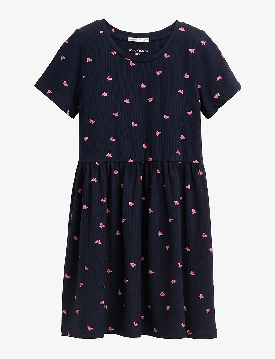 Tom Tailor - all over printed rib dress - kurzärmelige freizeitkleider - dark blue pink butterfly - 0