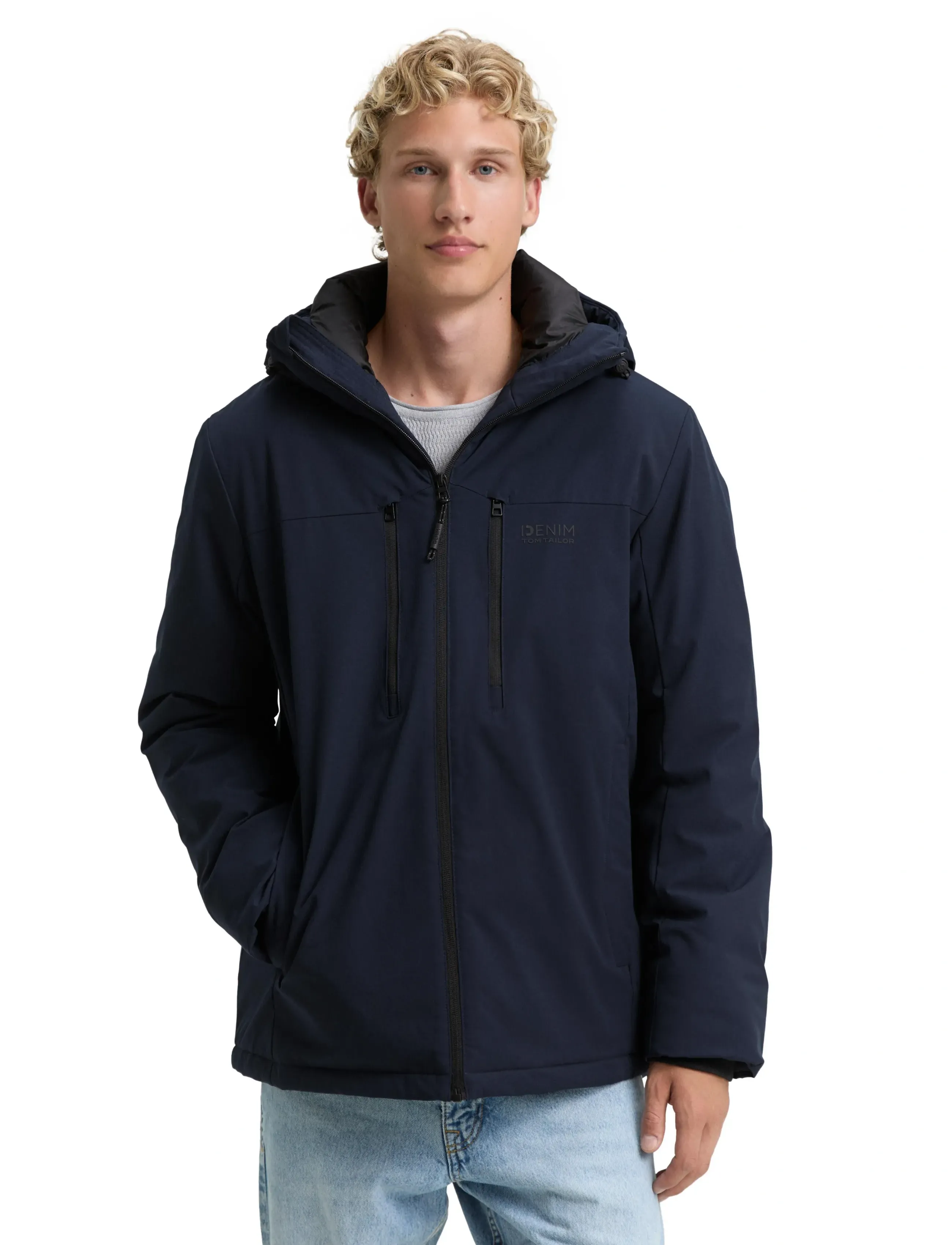 Tom Tailor Hooded Technical Jacket, S, Navy, Sport Jackets > Sport Padded Jackets, Herre