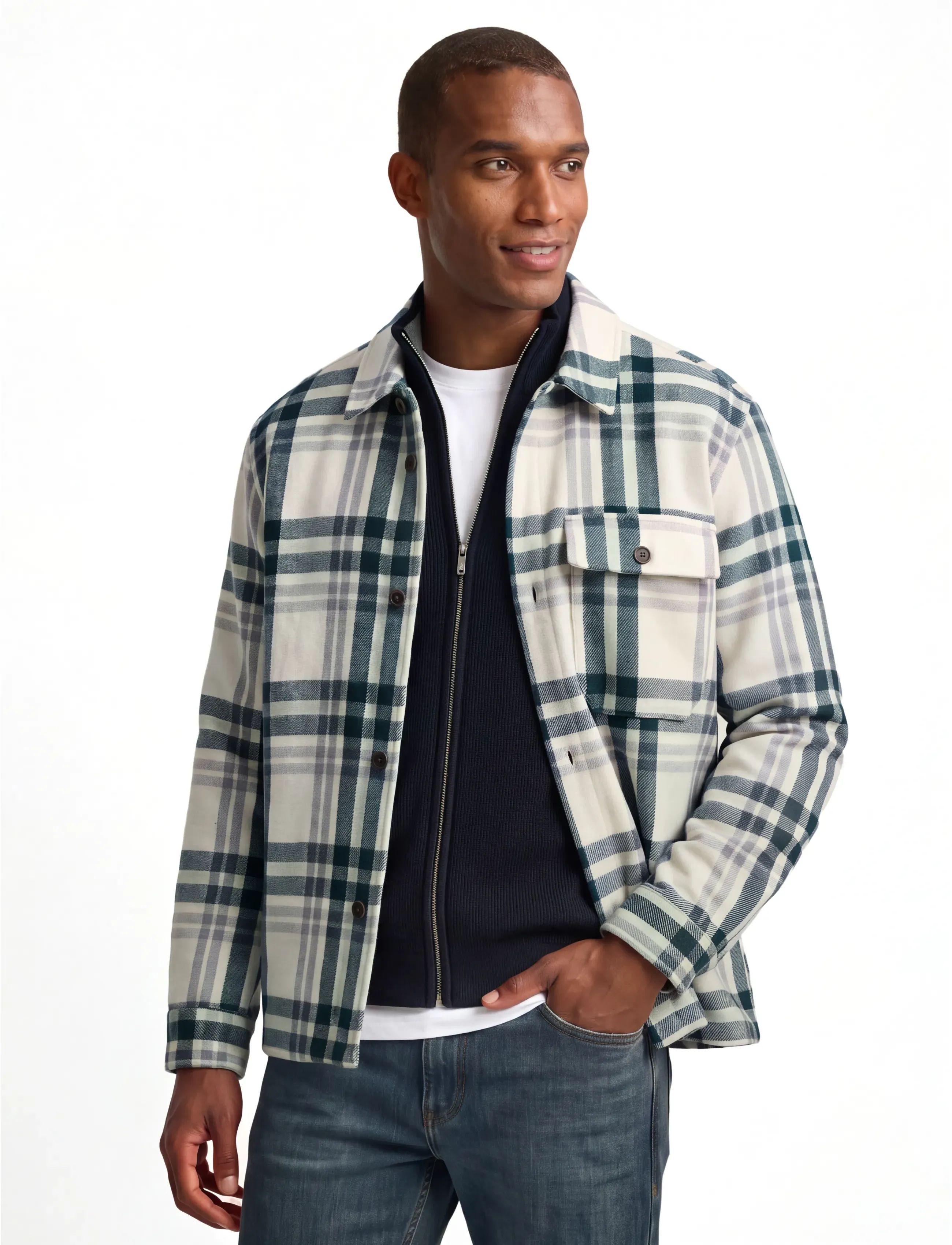 Tom Tailor - regular wool optic overshirt - efterårstøj - off white green big check - 5