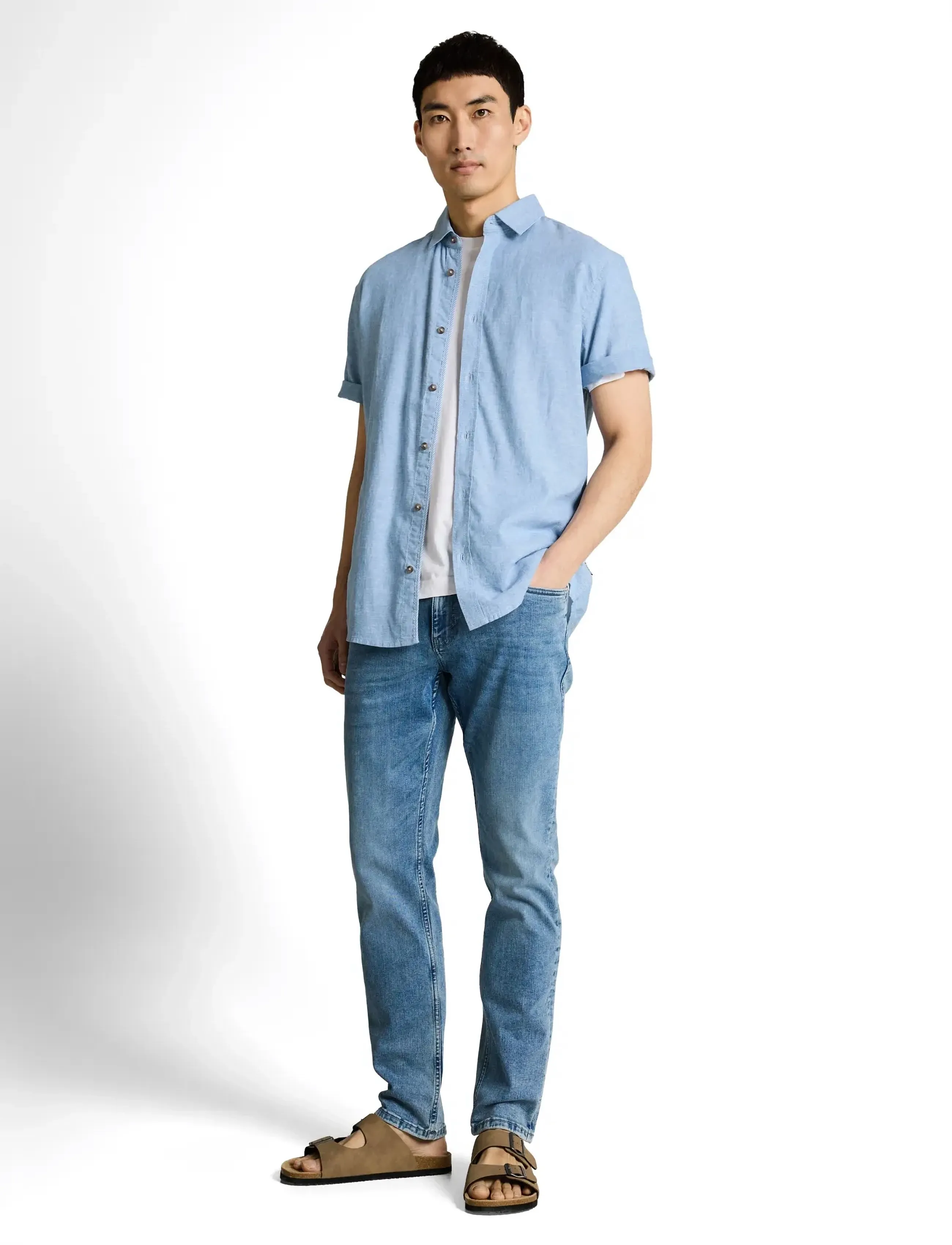 Tom Tailor cotton linen shirt - Uus - BLEECHED BLUE CHAMBRAY / blue