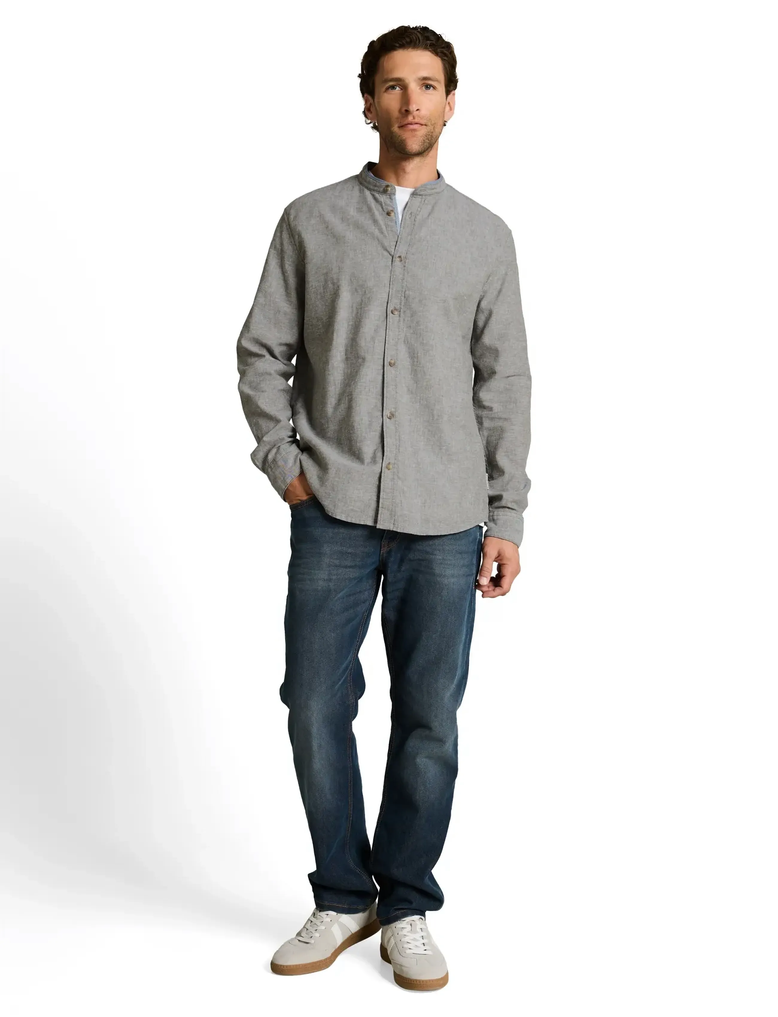 Tom Tailor cotton linen shirt - Hørskjorter - FADED LEAF GREEN CHAMBRAY / grey