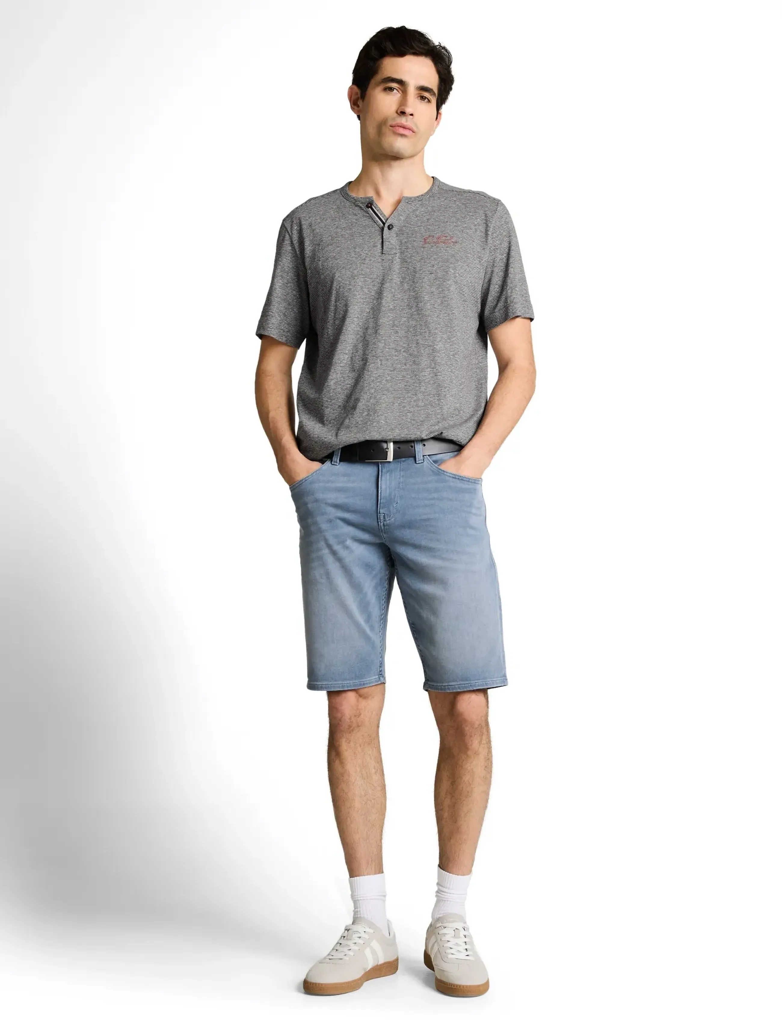 Tom Tailor Fine Striped Serafino, M, Grey, T-Shirts > Kortærmede, Herre