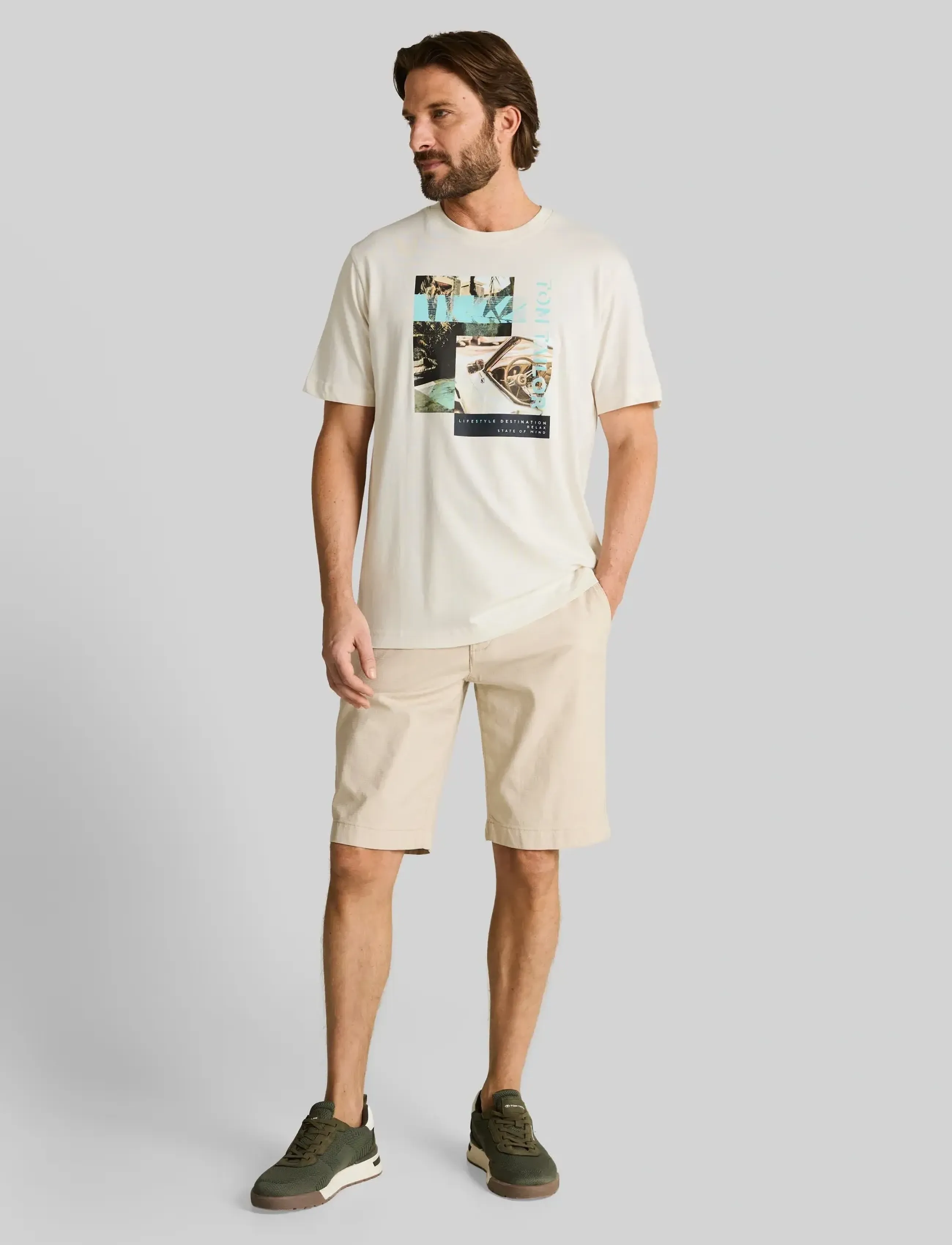 Tom Tailor Photoprint T-Shirt, Mænd, Fotoprint T-Shirt, Cream, Str: XXL