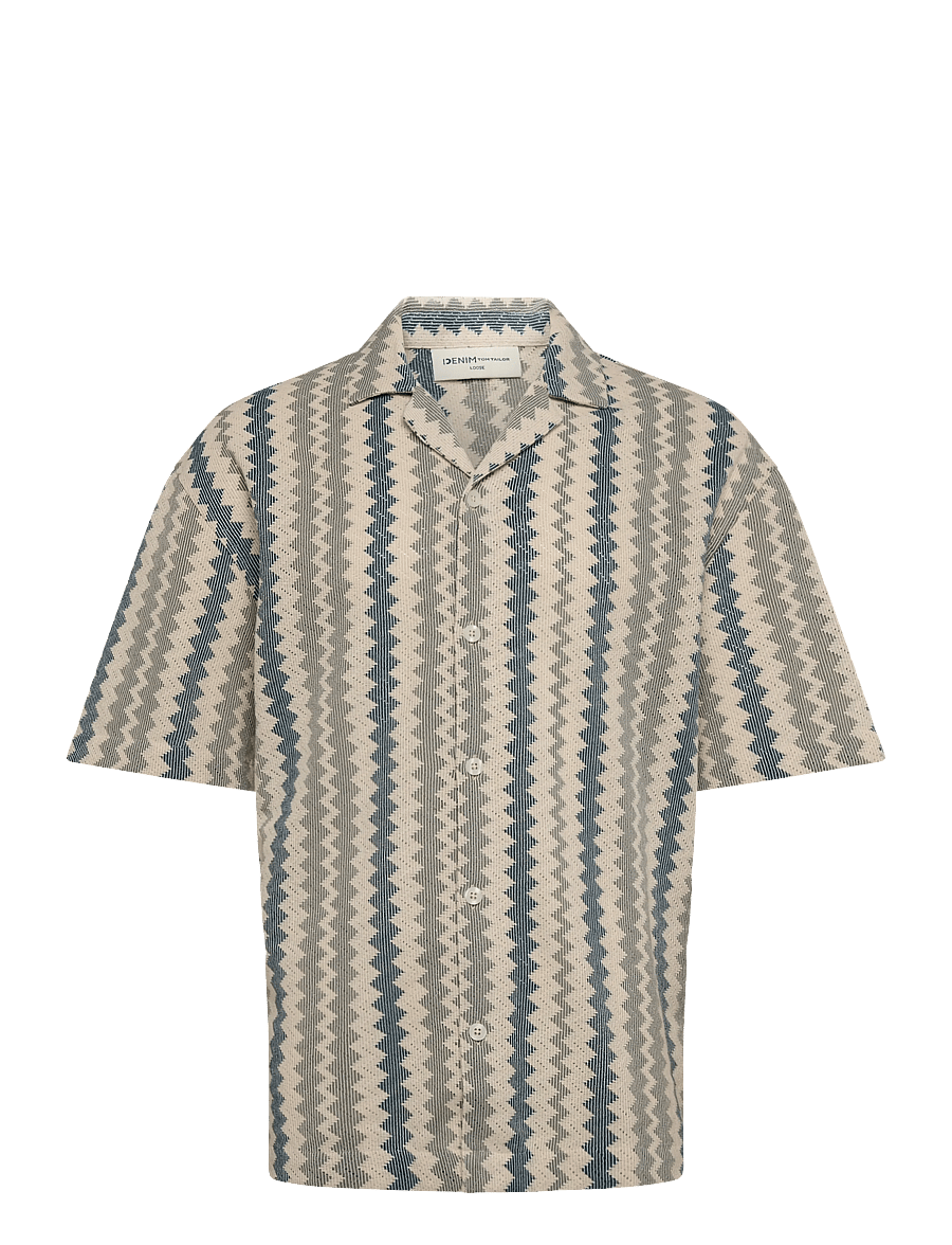 Tom Tailor - loose textured crochet resort shirt - casual skjortor - green white zick zack stripe - 1