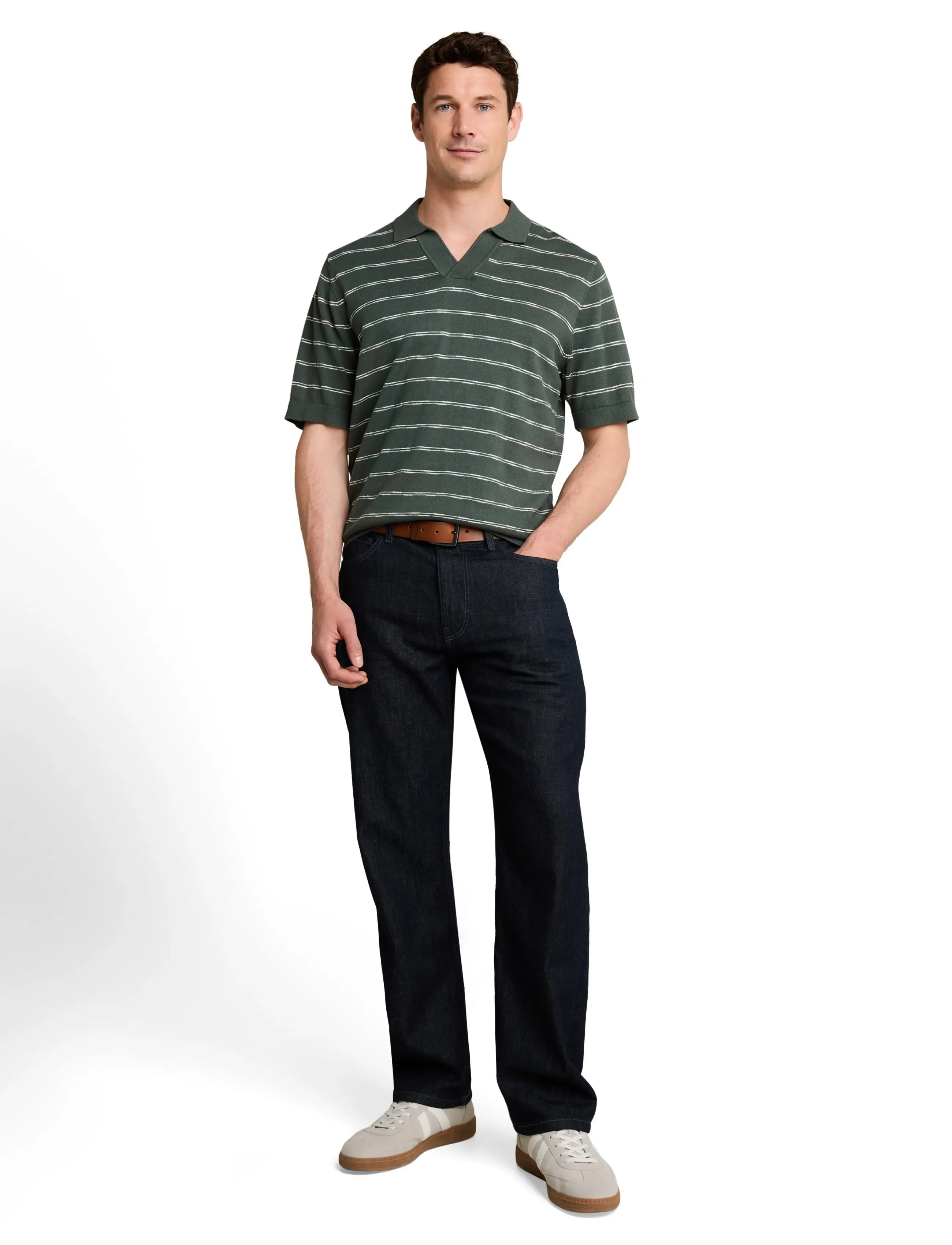 Tom Tailor Striped Knit Polo, Mænd, Stribet Strikket Poloshirt, Kakigrøn, Str: L