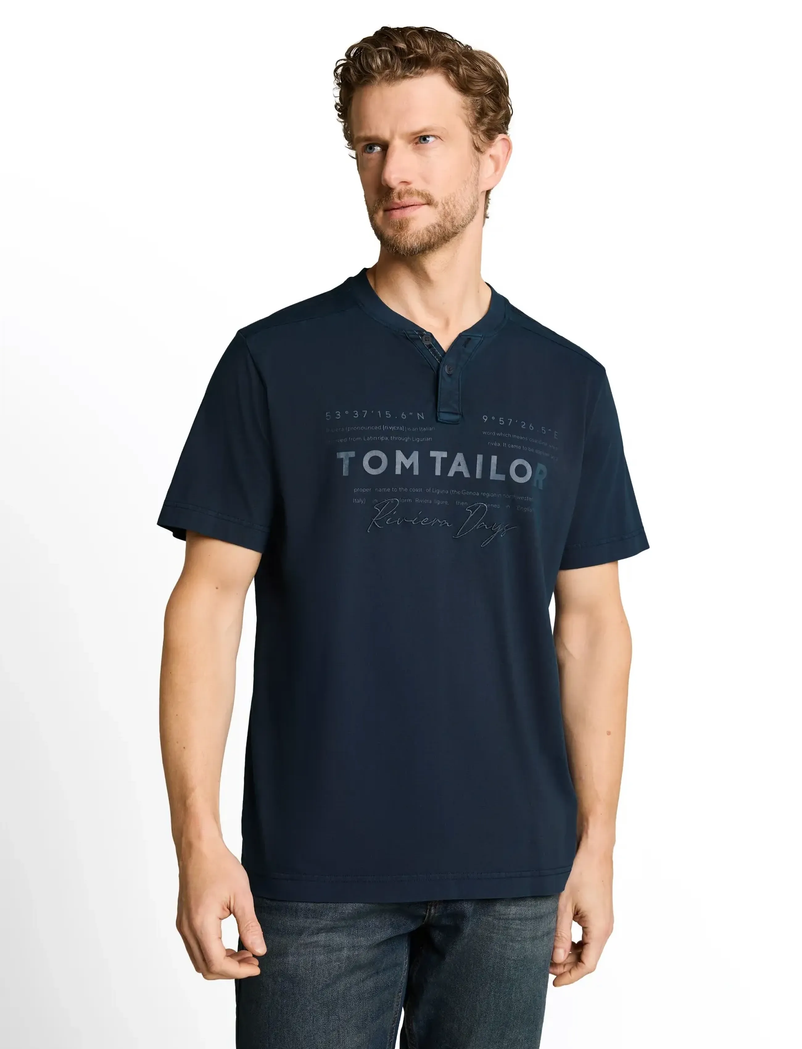 Tom Tailor - printed garment dye serafino - short-sleeved t-shirts - sky captain blue - 4