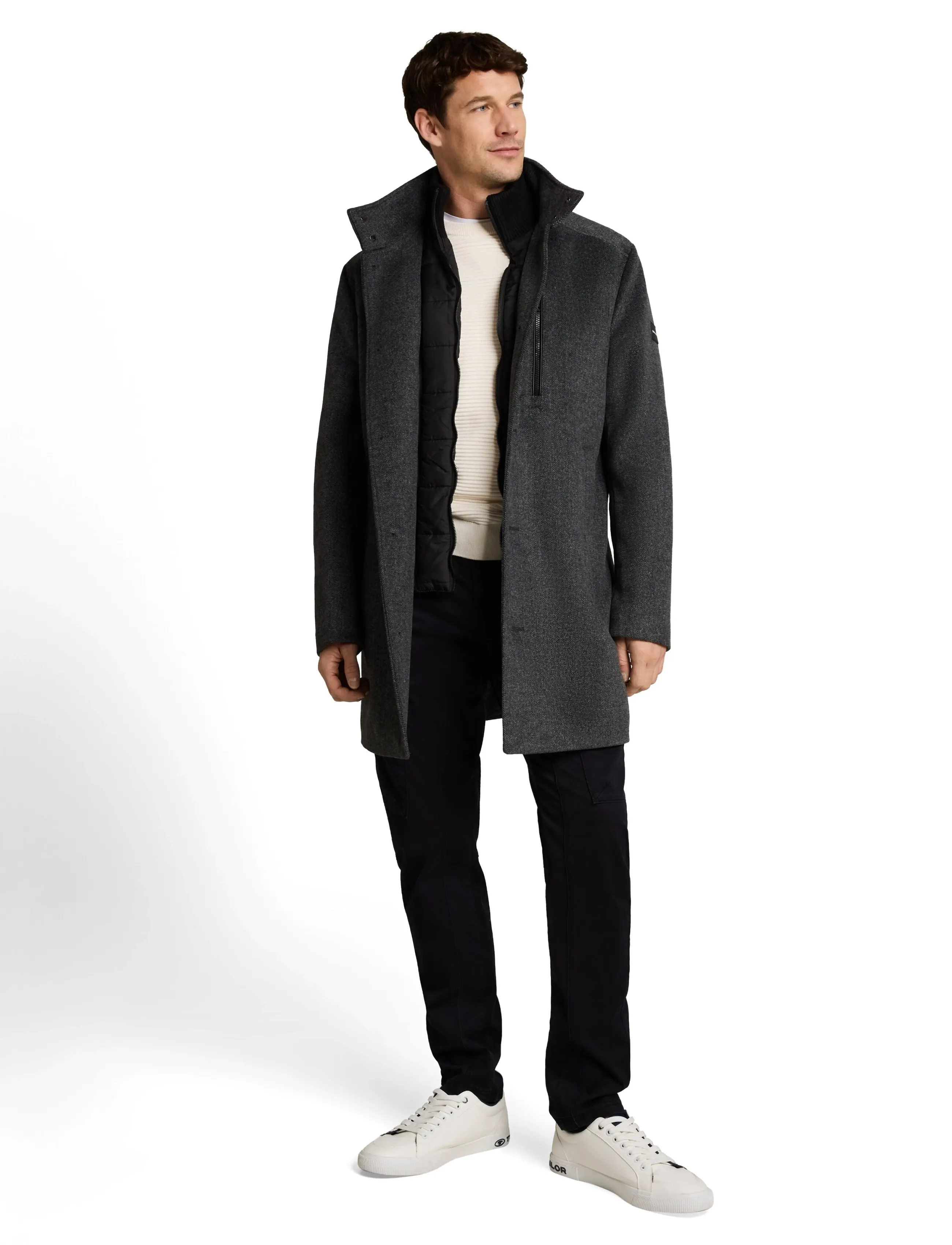 Tom Tailor wool coat with stand-up insert - Kleidung - DARK GREY BLACK HERRINGBONE / grey